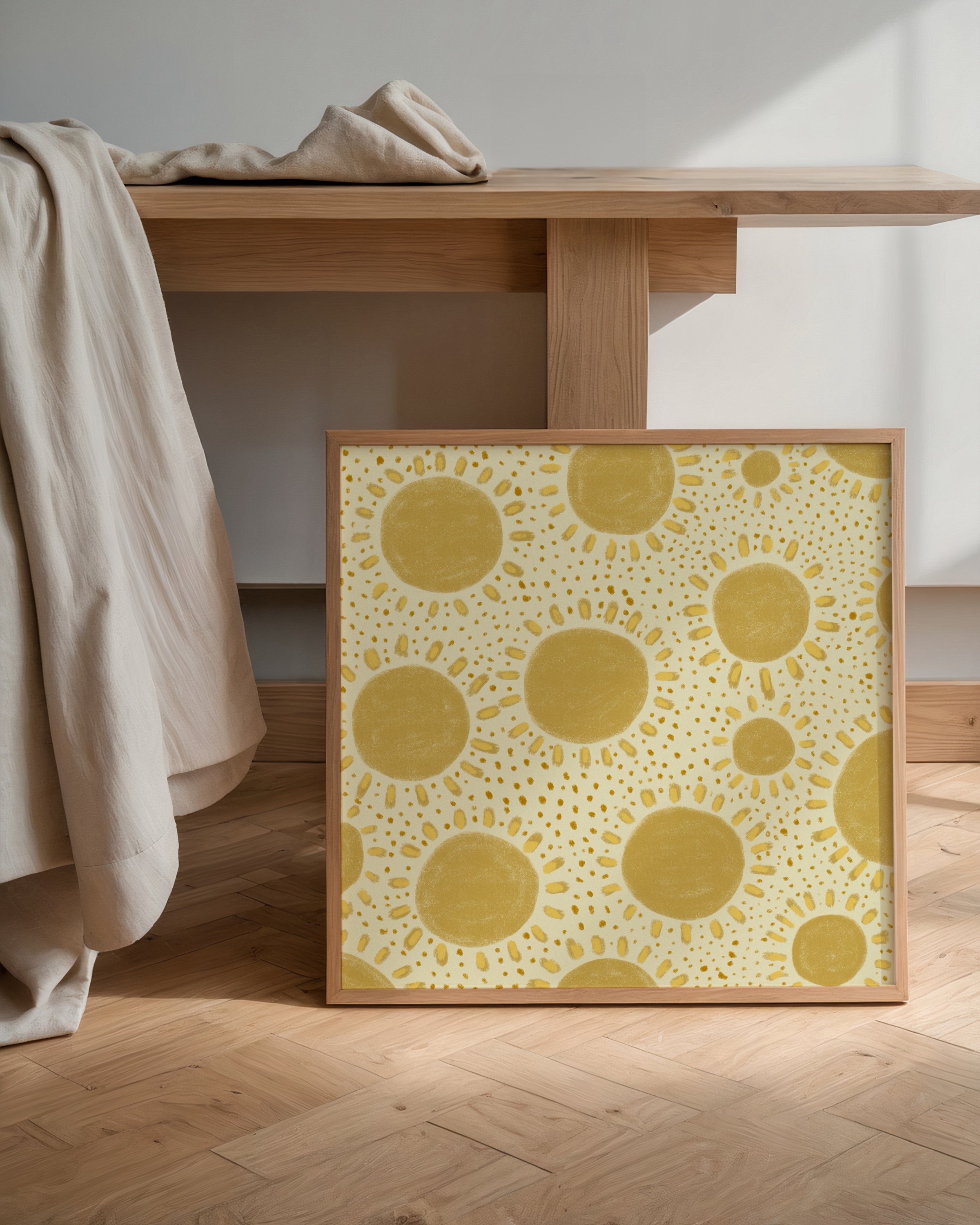 Yellow sunshine pattern print with repeating sunburst design, ideal for kids’ room decor.