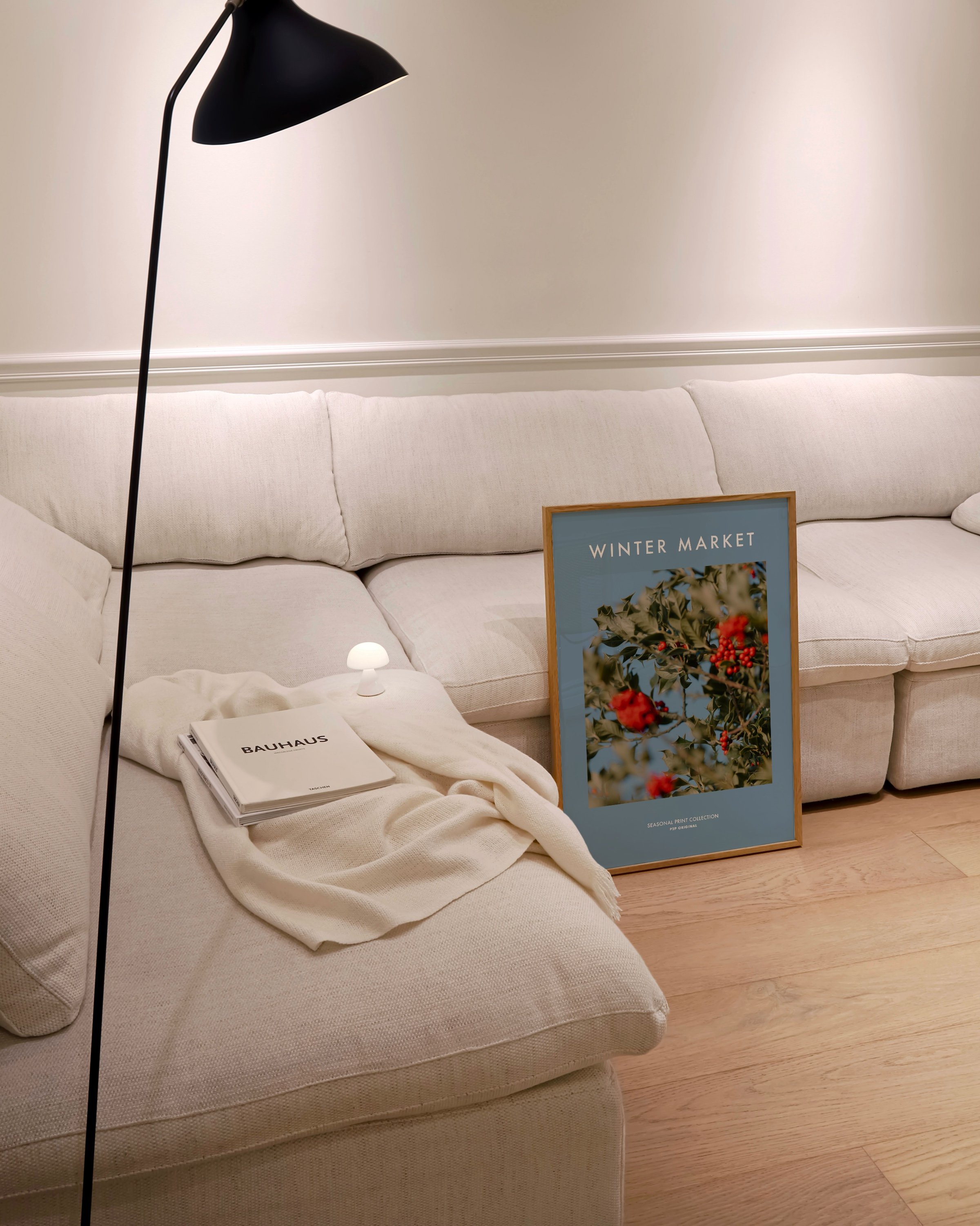 Winter Market seasonal printable wall art featuring a vibrant photo of holly berries with green leaves on a soft blue background.