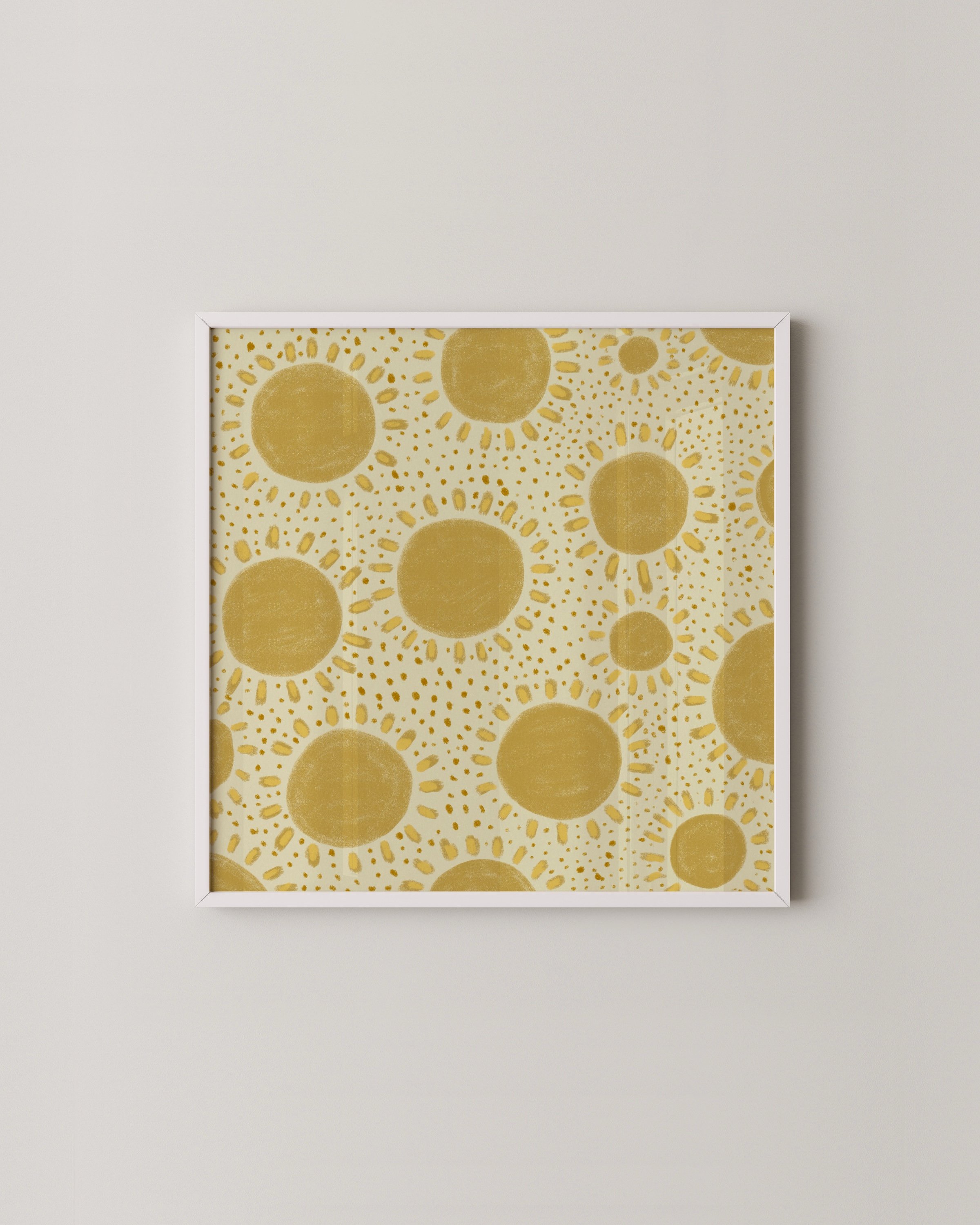 Yellow sunshine pattern print with repeating sunburst design, ideal for kids’ room decor.