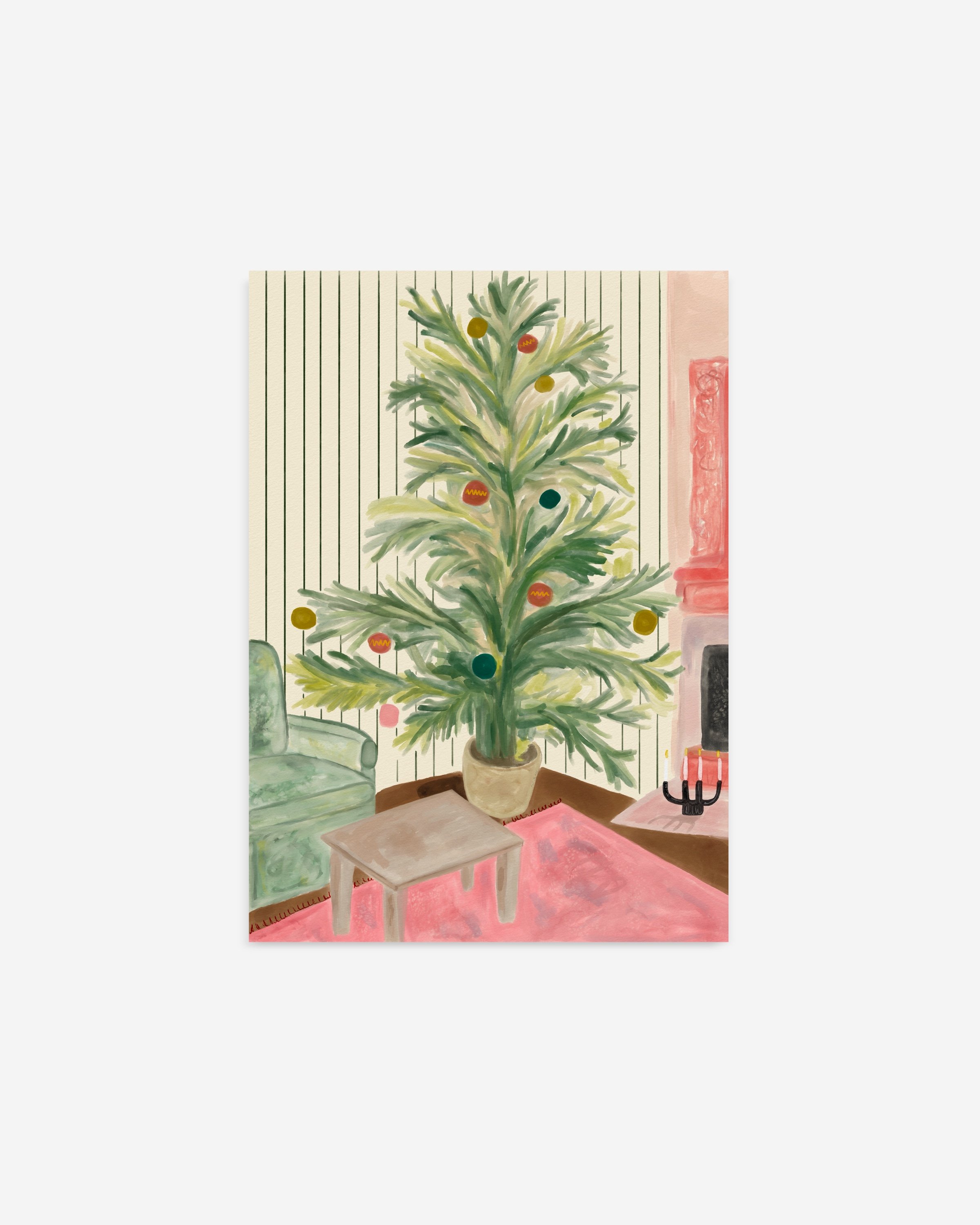 Retro-inspired Christmas tree illustration in a cozy living room setting with colorful ornaments and mid-century design elements.