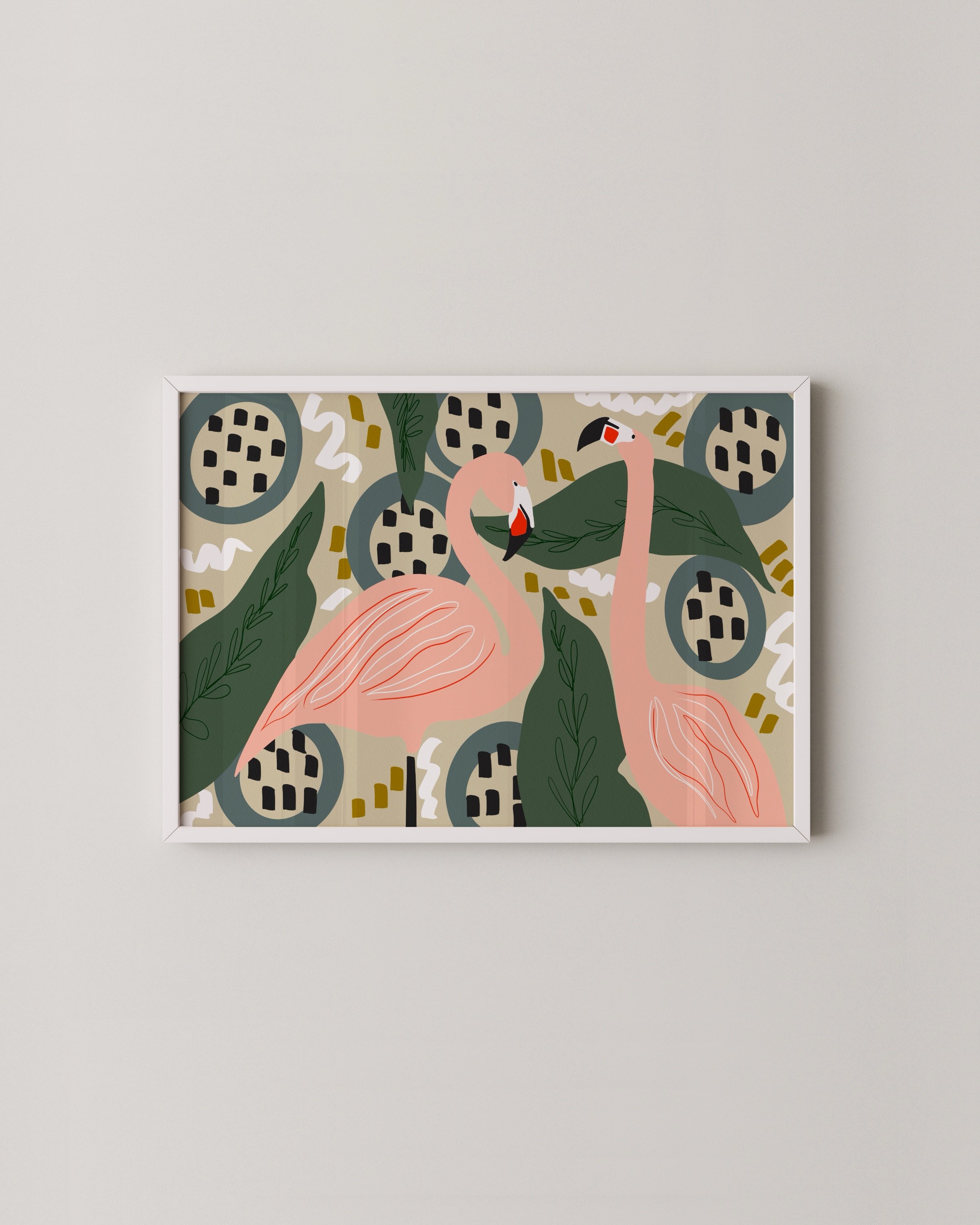 Playful flamingo art print featuring two pink flamingos surrounded by jungle foliage and abstract patterns in a vibrant, tropical palette.