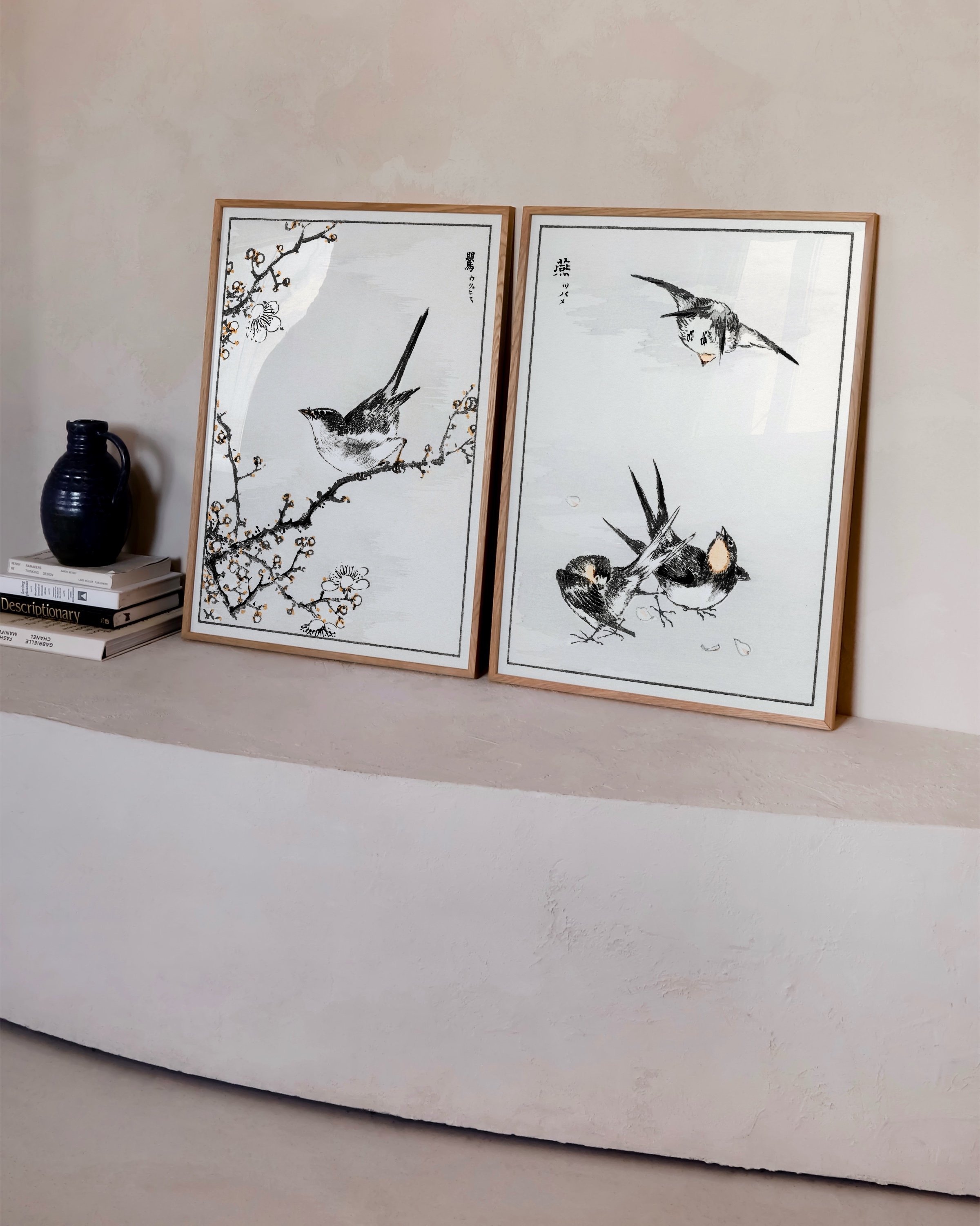 Set of two Japanese bird art prints featuring vintage-style illustrations of birds perched on branches, perfect for minimalist and nature-inspired home decor.