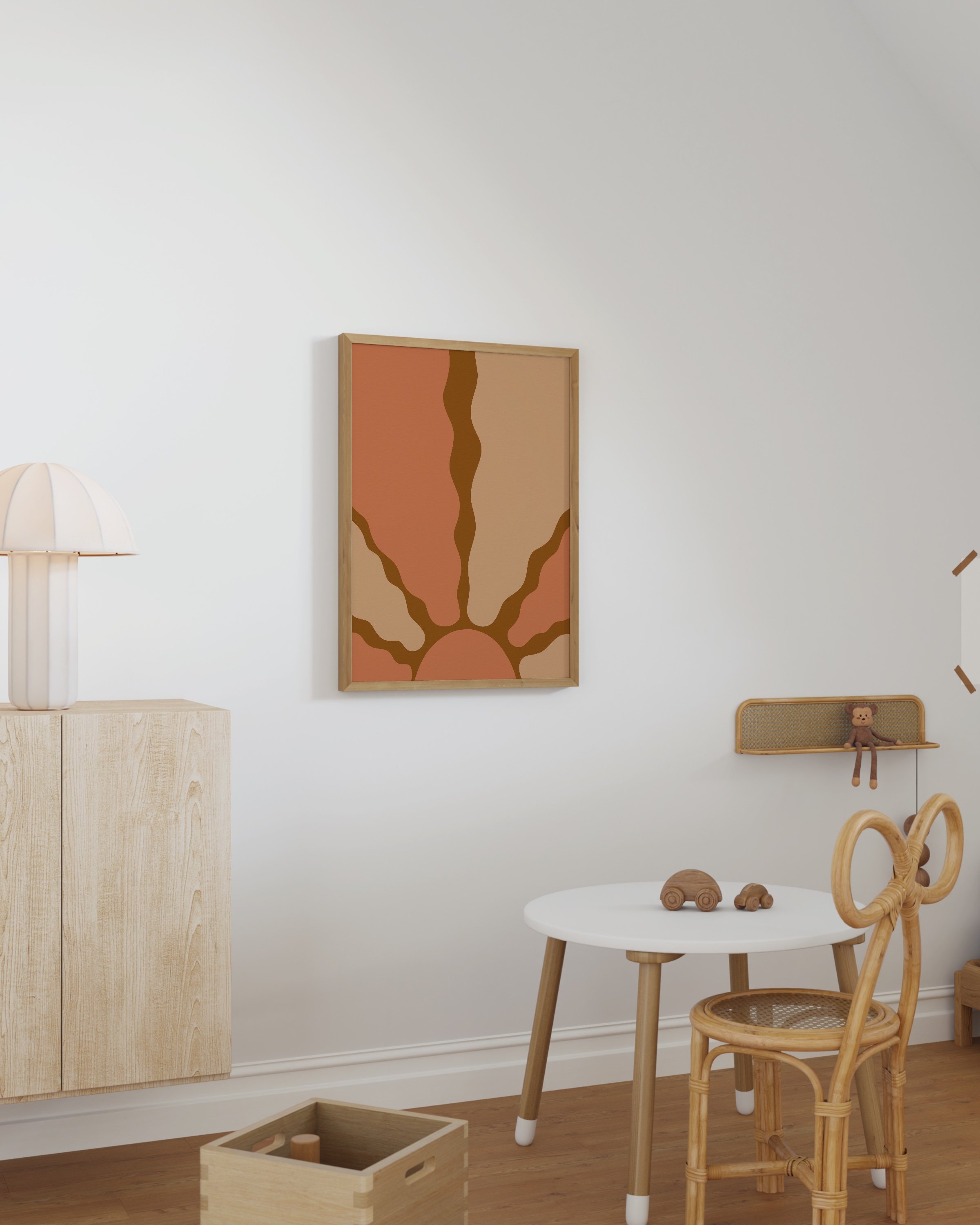 sunshine wall art in warm earthy tones, featuring shades of terracotta, rust, and beige, perfect for minimalist boho decor.