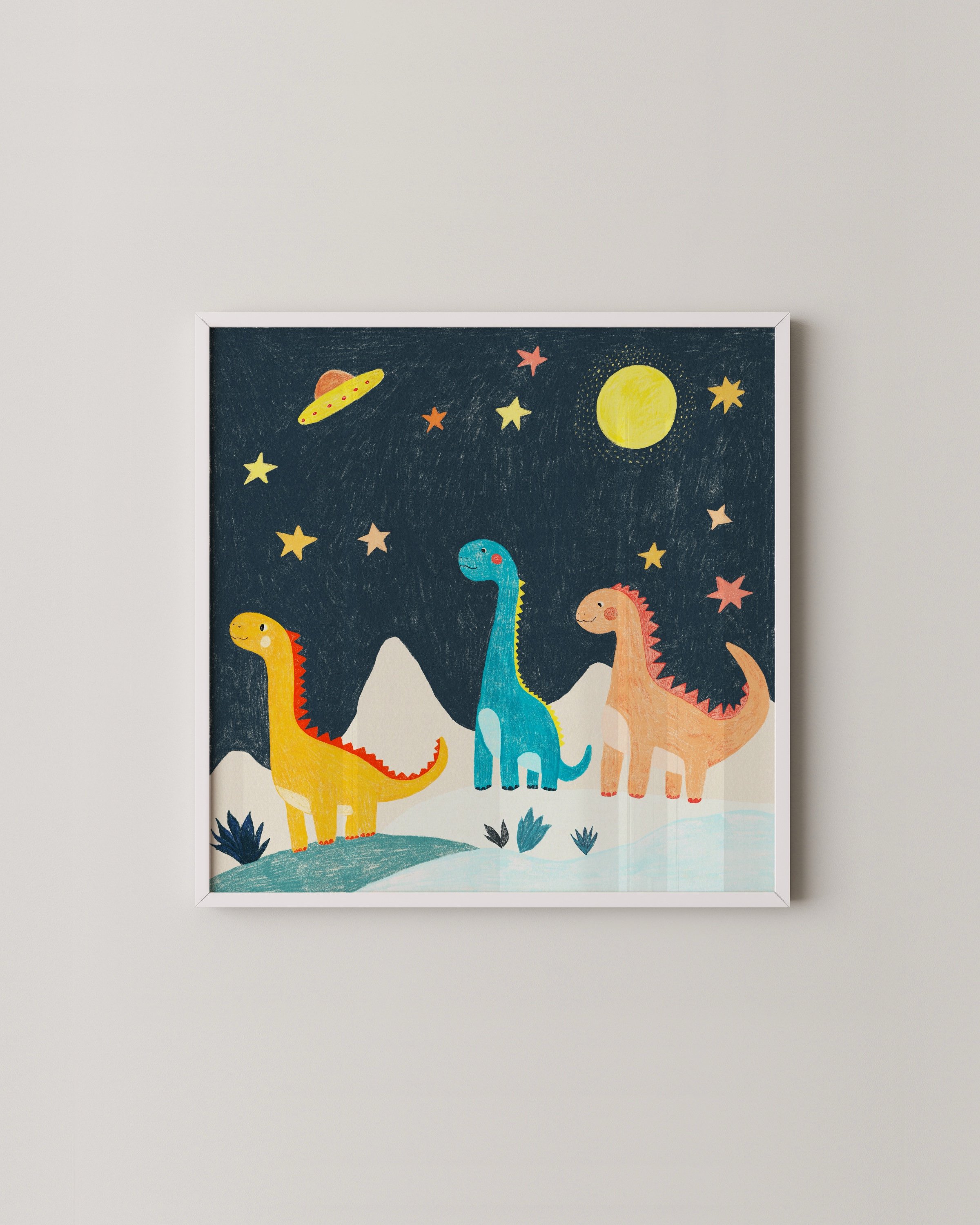 Playful kids’ wall art featuring colorful dinosaurs under a starry sky with planets and a bright moon, perfect for a fun and imaginative touch in a child’s room.