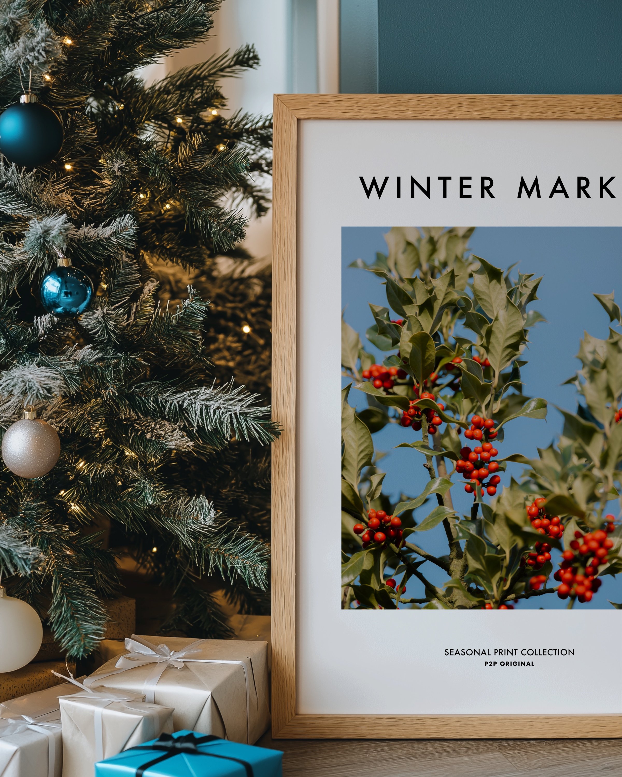 Vibrant photograph of red holly berries with green leaves set against a bright blue sky, perfect for festive holiday decor.
