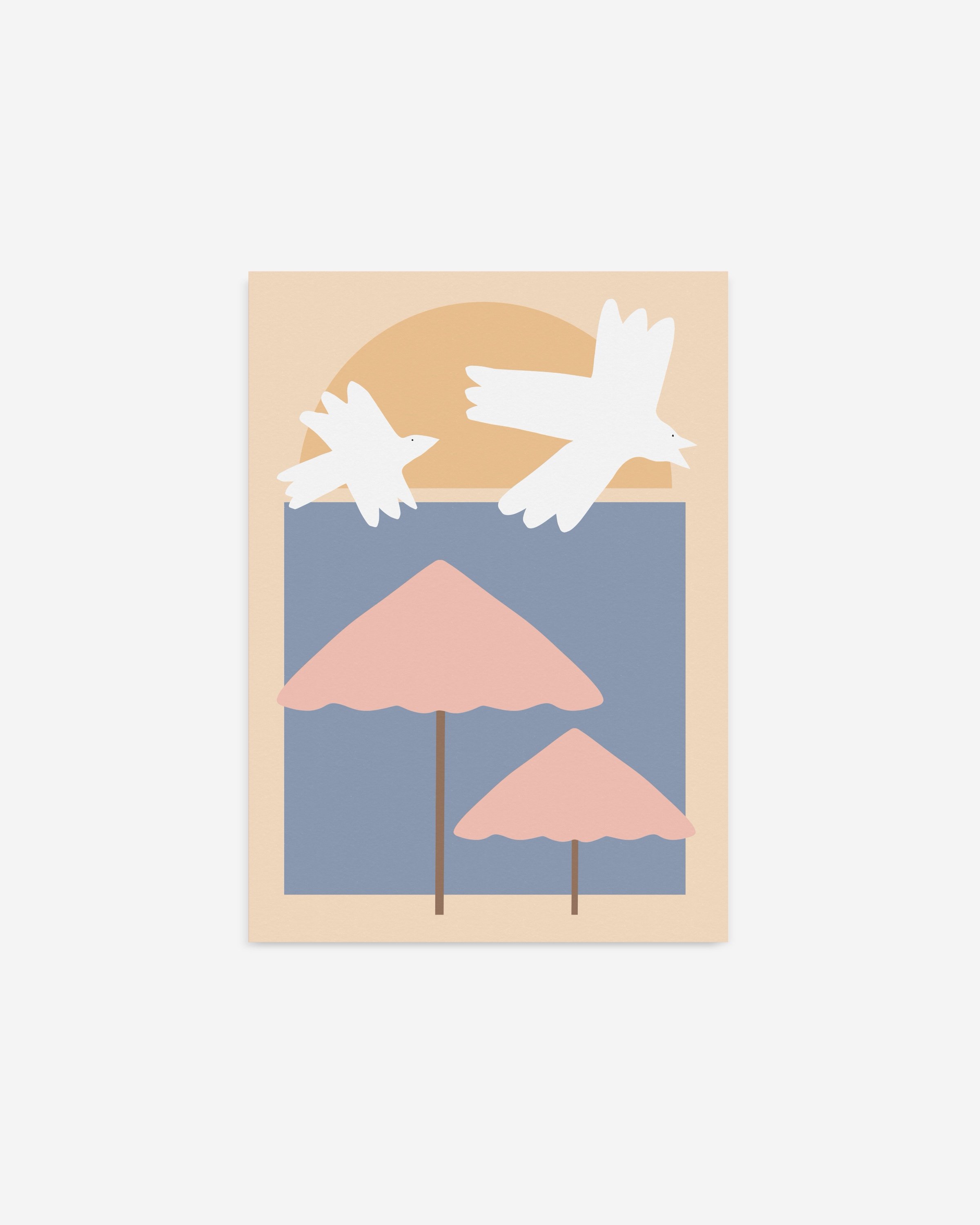 Printable wall art featuring a minimalist illustration of pink beach umbrellas and white seagulls against a soft blue and peach background.
