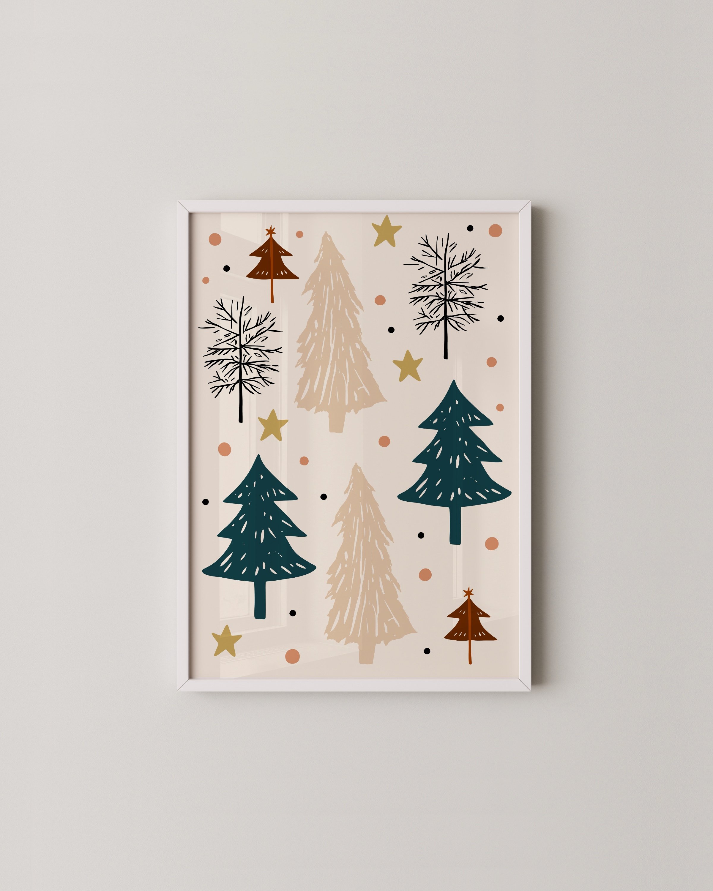 Whimsical printable art featuring hand-drawn Christmas trees, stars, and festive patterns in a soft and modern design.