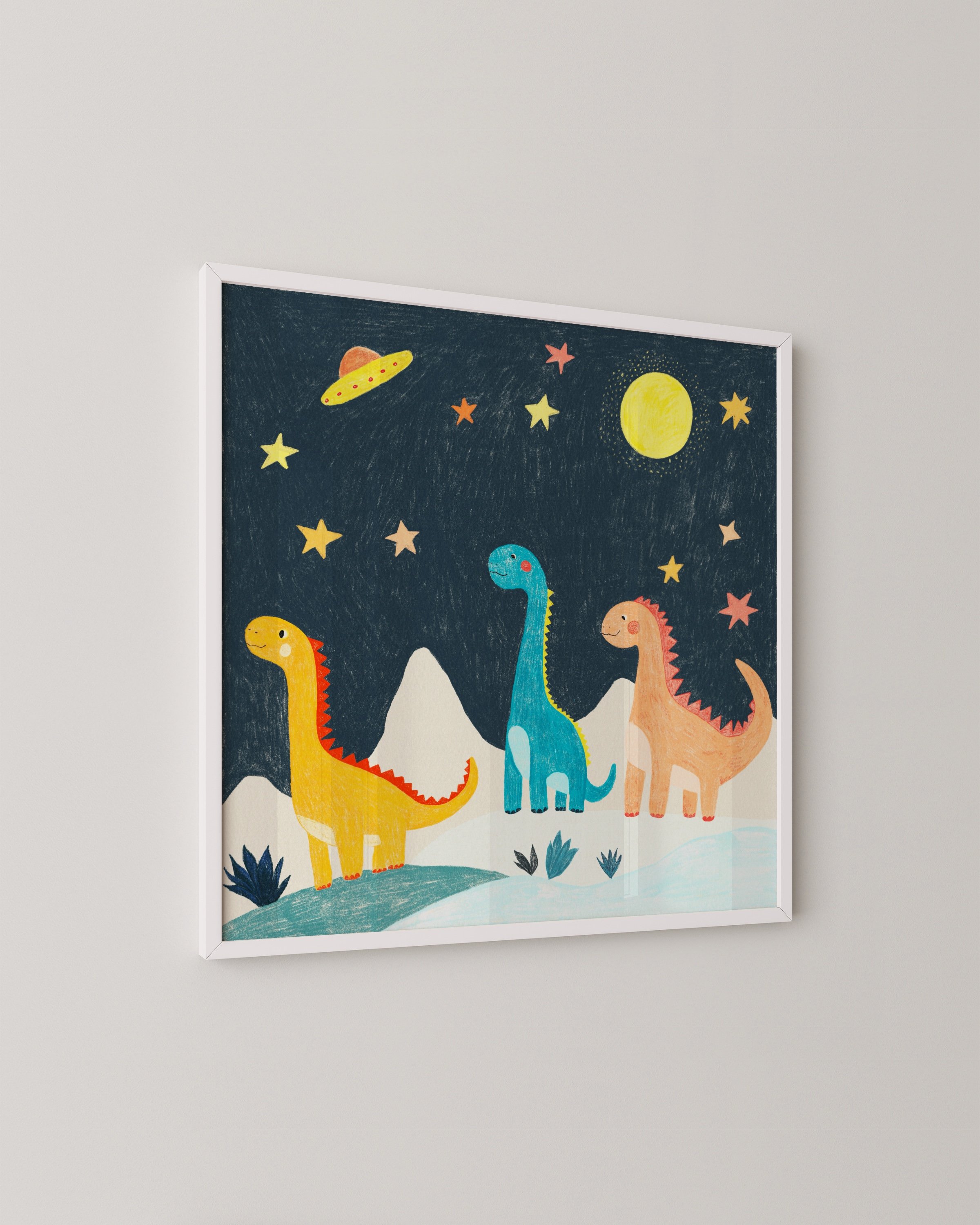 Playful kids’ wall art featuring colorful dinosaurs under a starry sky with planets and a bright moon, perfect for a fun and imaginative touch in a child’s room.