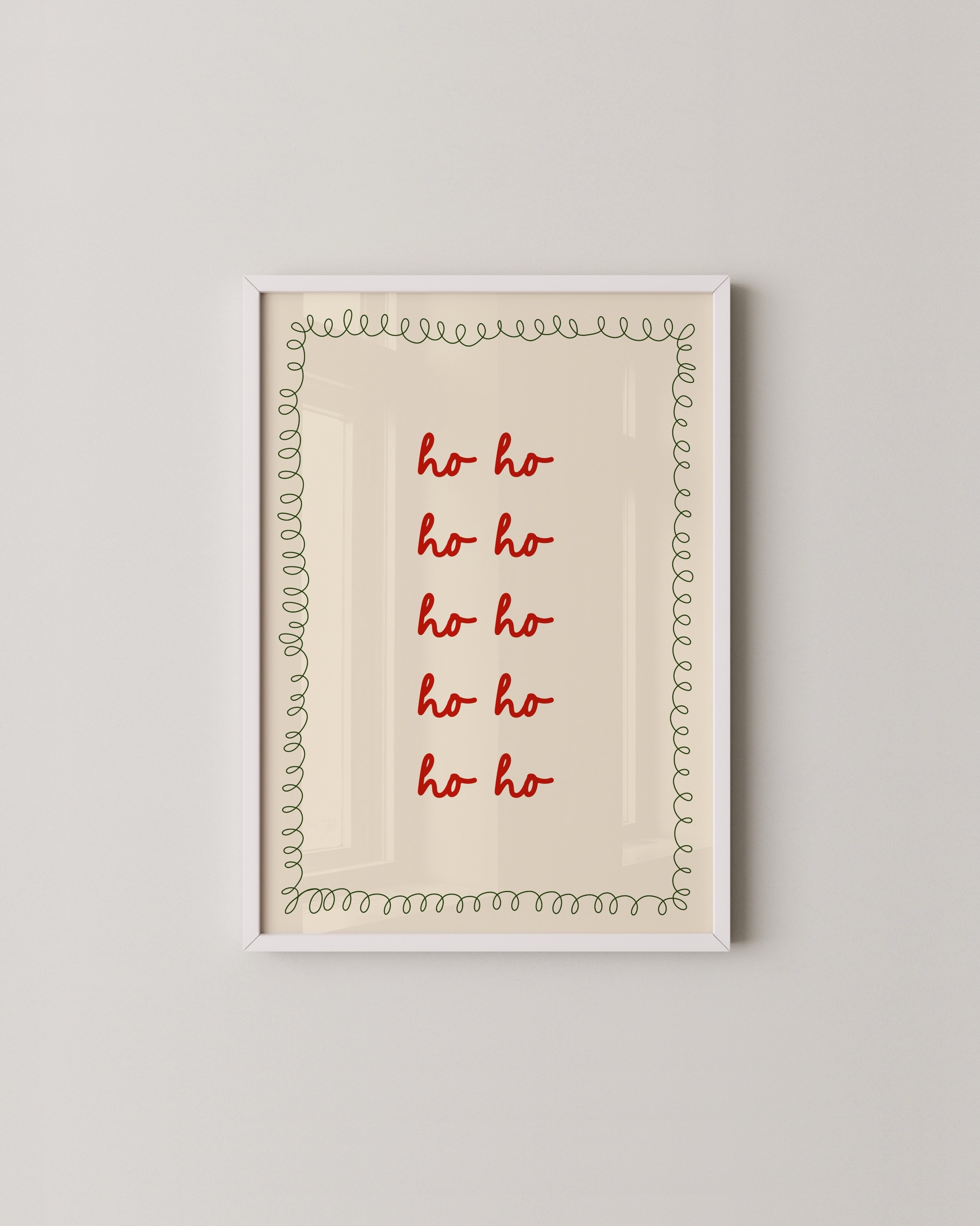 Christmas printable art with repeated red ‘Ho Ho Ho’ text in a handwritten style, framed by a green squiggle border on a beige background.