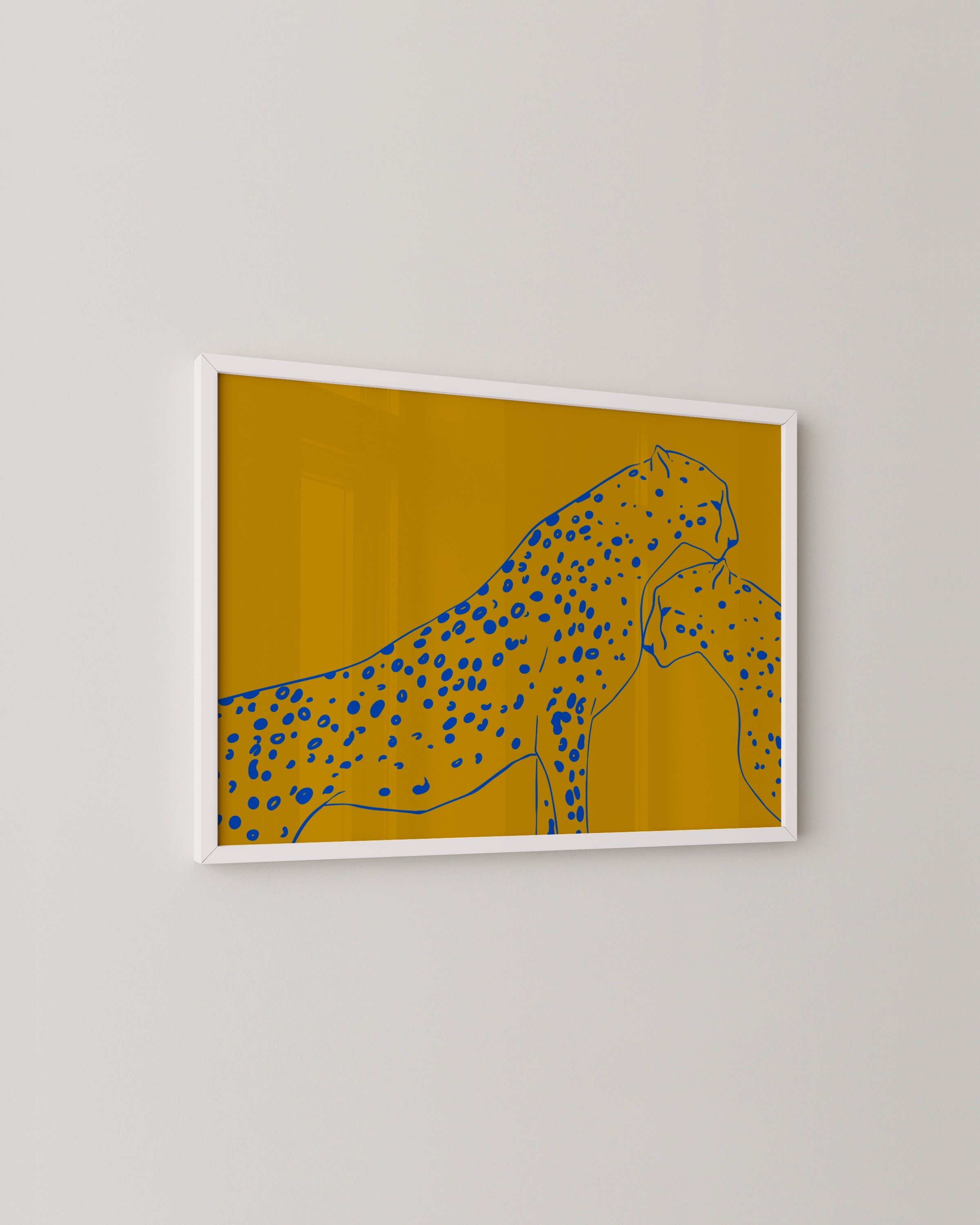 Modern cheetah wall art for kids in mustard yellow and cobalt blue, perfect for playful nursery or children’s room decor.