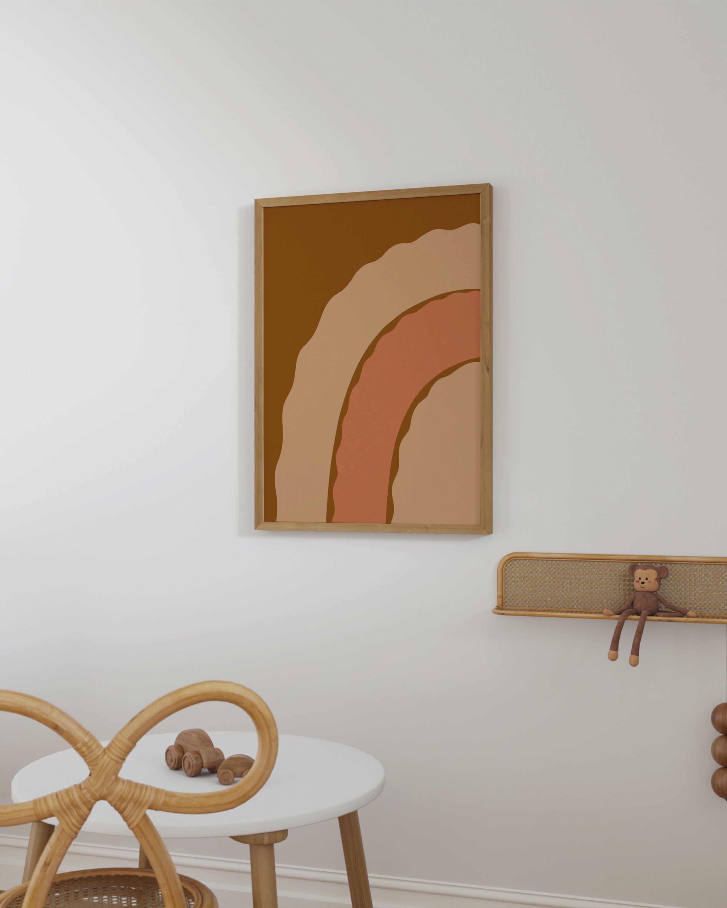 Earthy abstract rainbow art print with warm tones of terracotta, brown, and beige, designed for boho wall decor.
