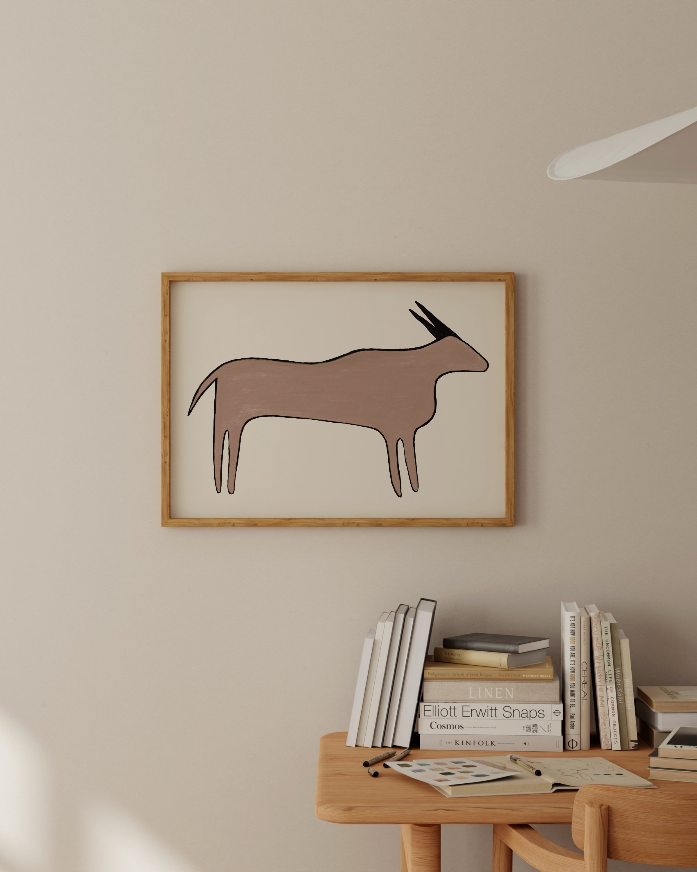 Abstract illustration of an antelope with minimalist lines and earthy tones on a light background.
