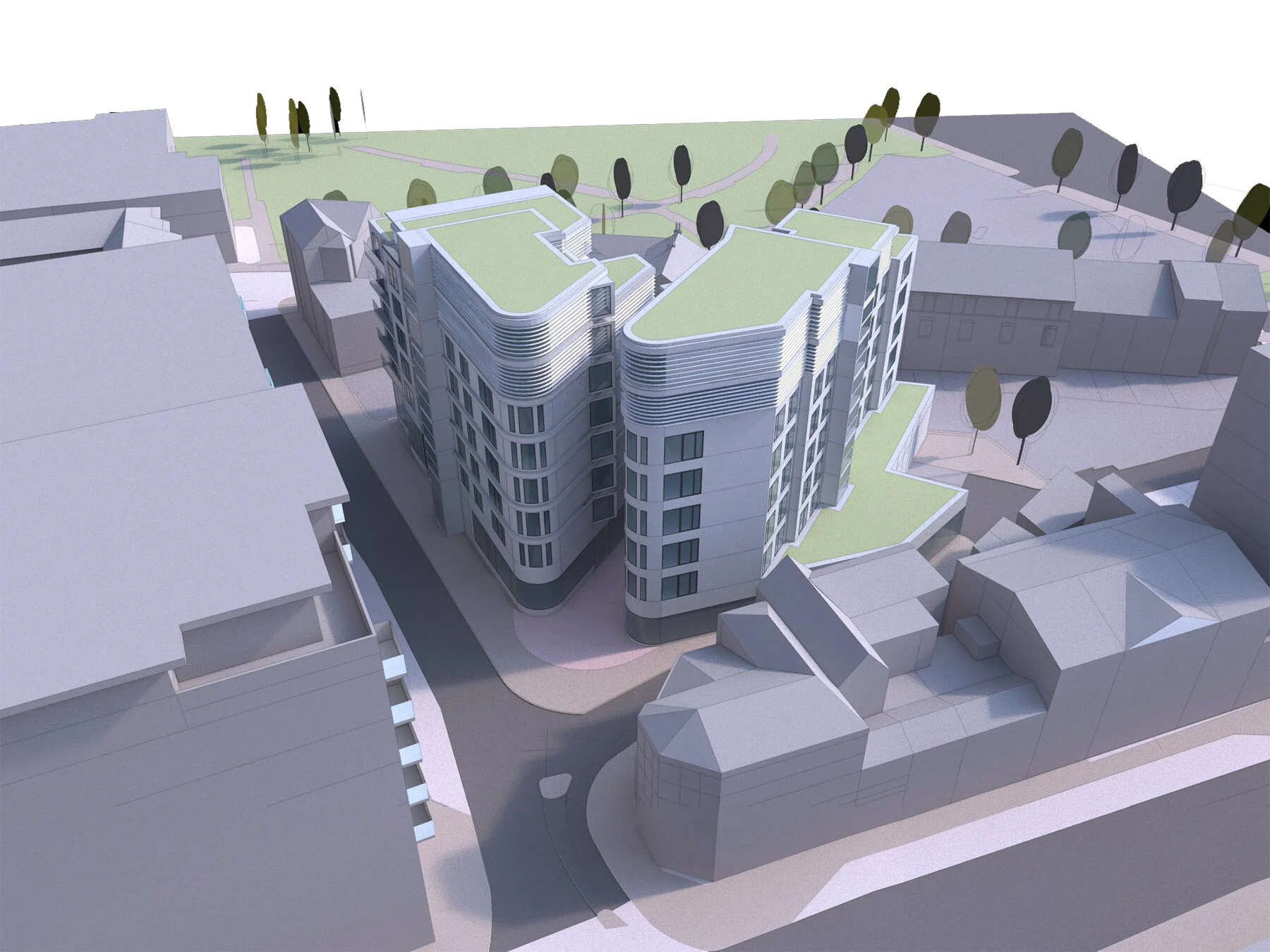 Aerial View 04, concept masterplan Devonshire Green, Sheffield, by Spacestudio