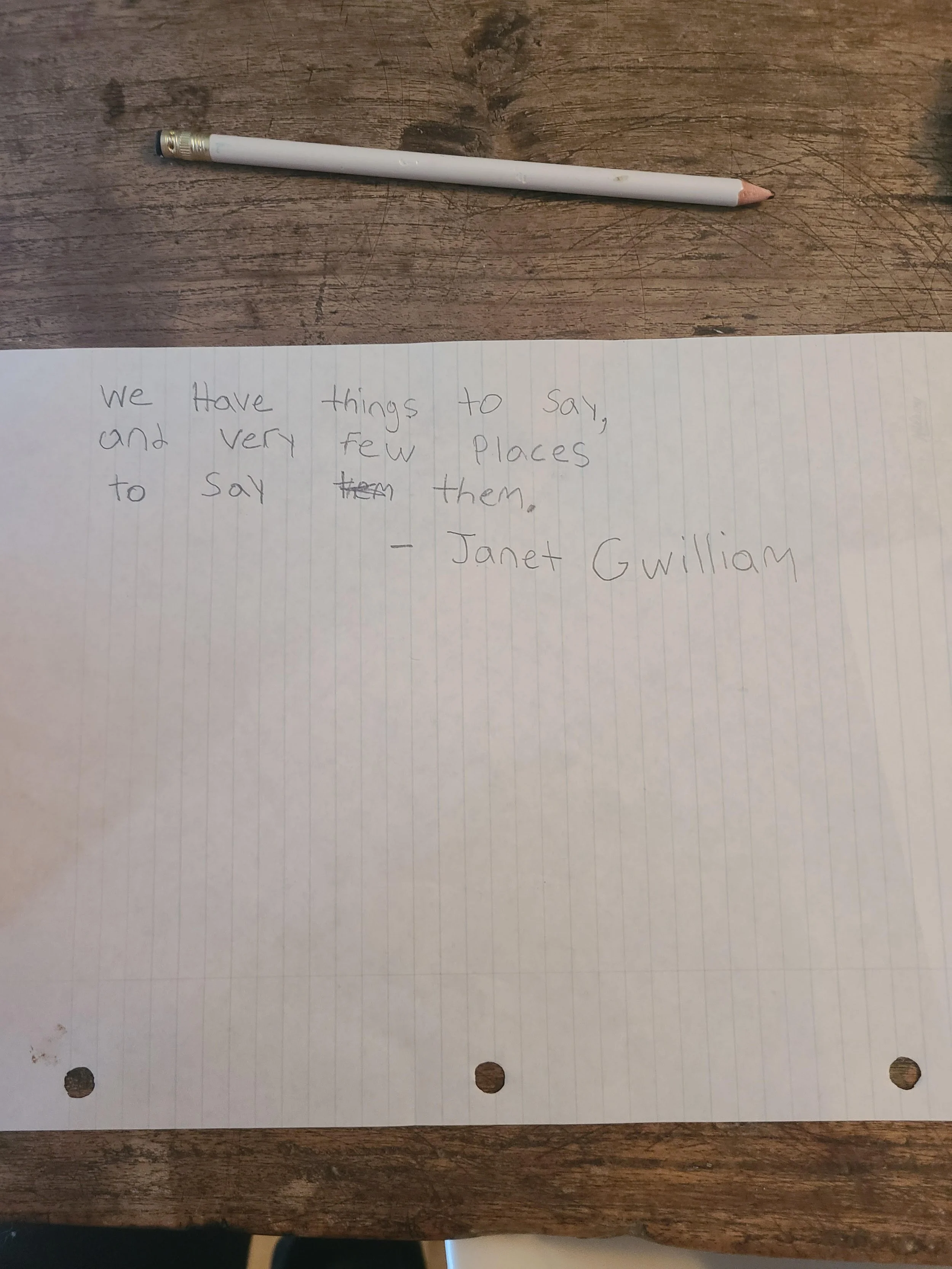 A piece of paper with handwriting on it. It says "we have things to say, and very few places to say them"