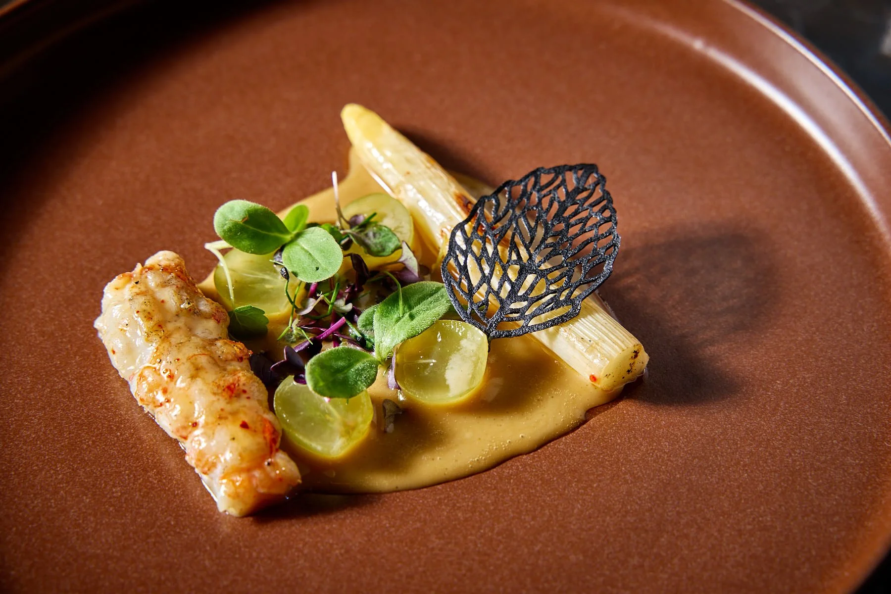 Gourmet dish with a piece of cooked seafood, microgreens, a black decorative leaf, clear gelatin cubes, a roasted vegetable, and a sauce on a brown plate.