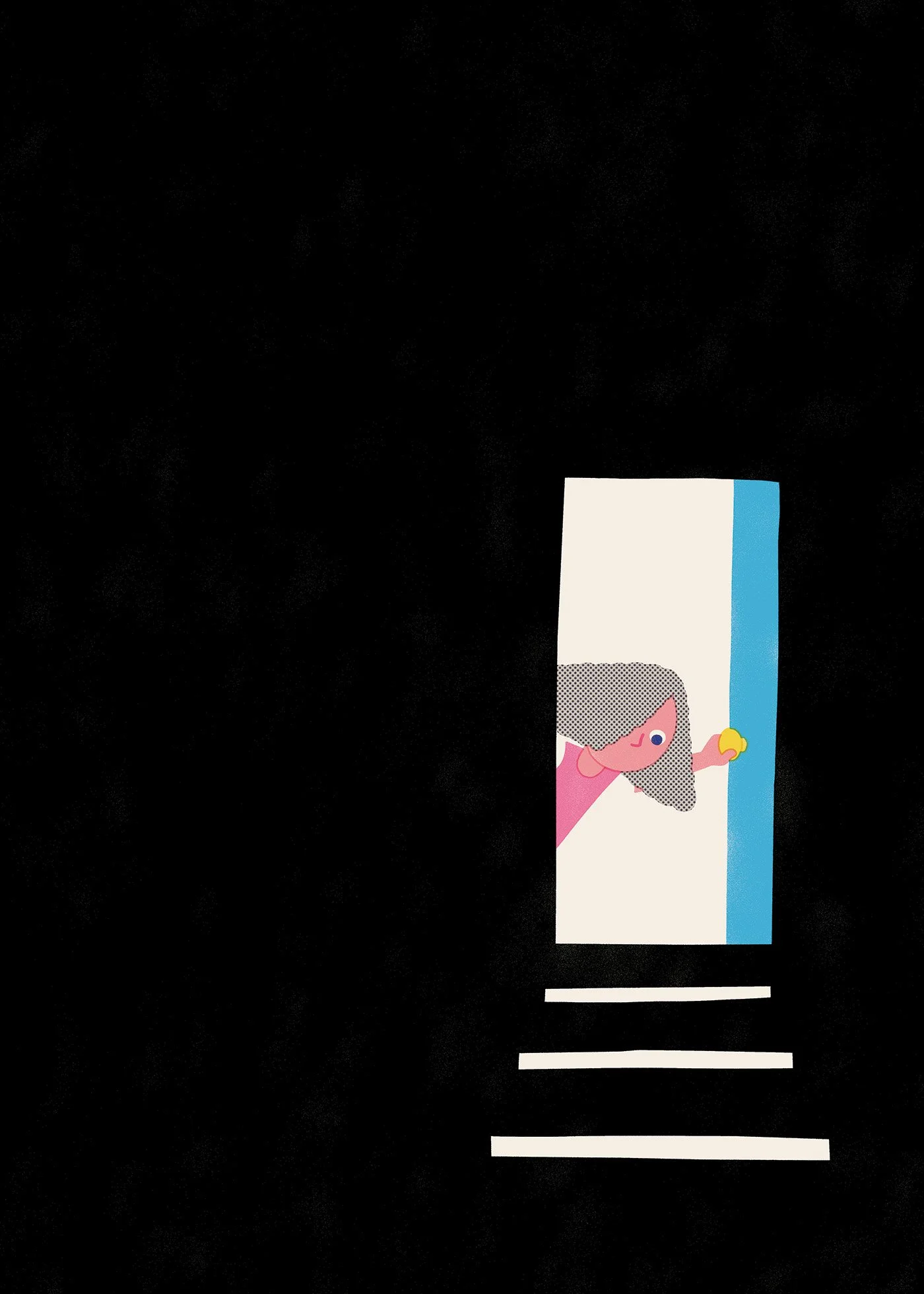 A cartoon girl peeking out from a door into a dark basement