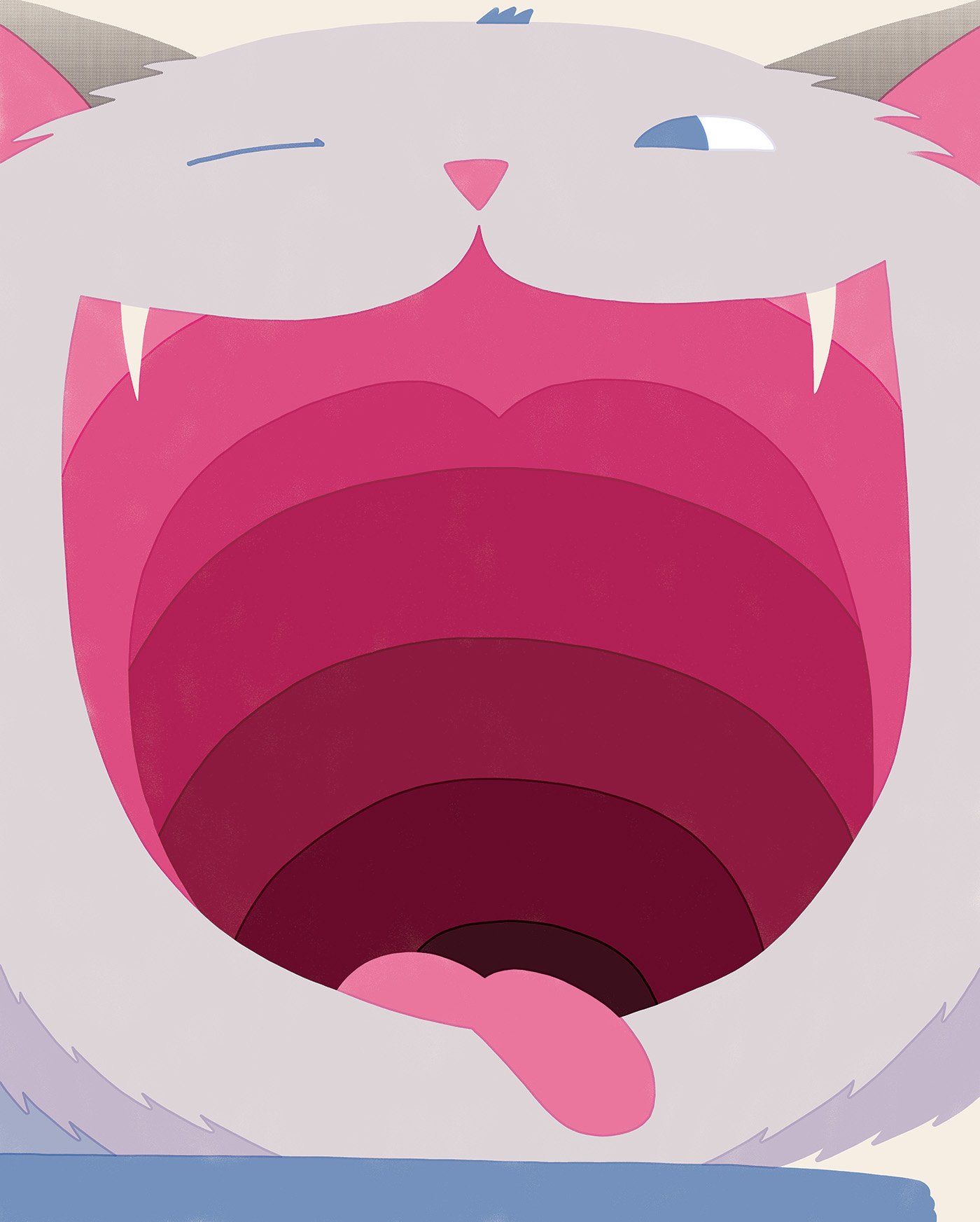 Close-up of a cartoon cat's face with its mouth wide open, tongue sticking out, showing its pink interior and sharp white fangs. The cat has one eye winking and the other eye half-closed.