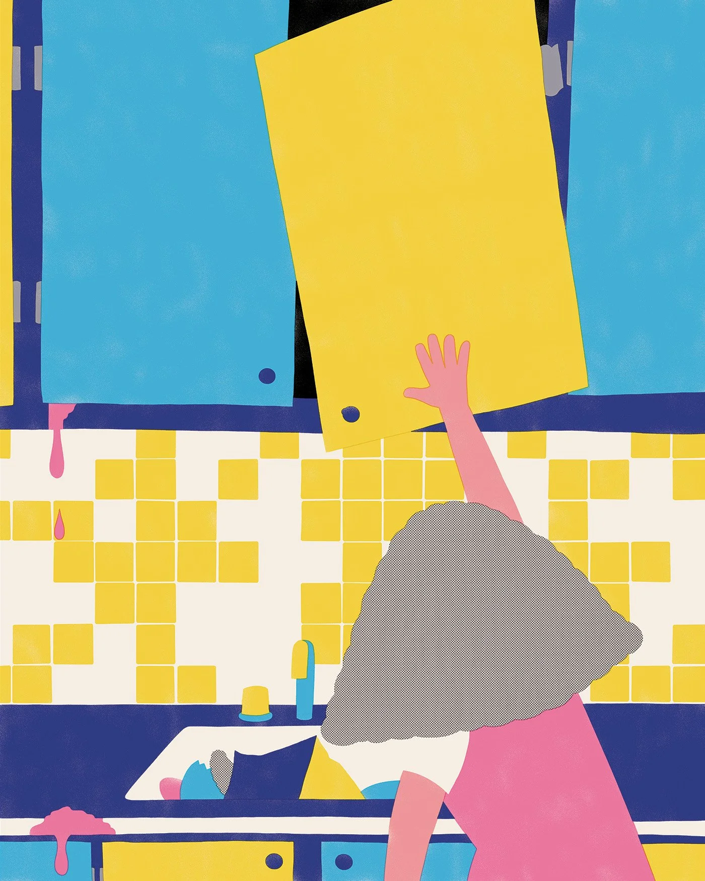 A cartoon girl reaching for a yellow cabinet door in a colorful kitchen with blue and yellow cabinets and a tiled yellow and white backsplash.