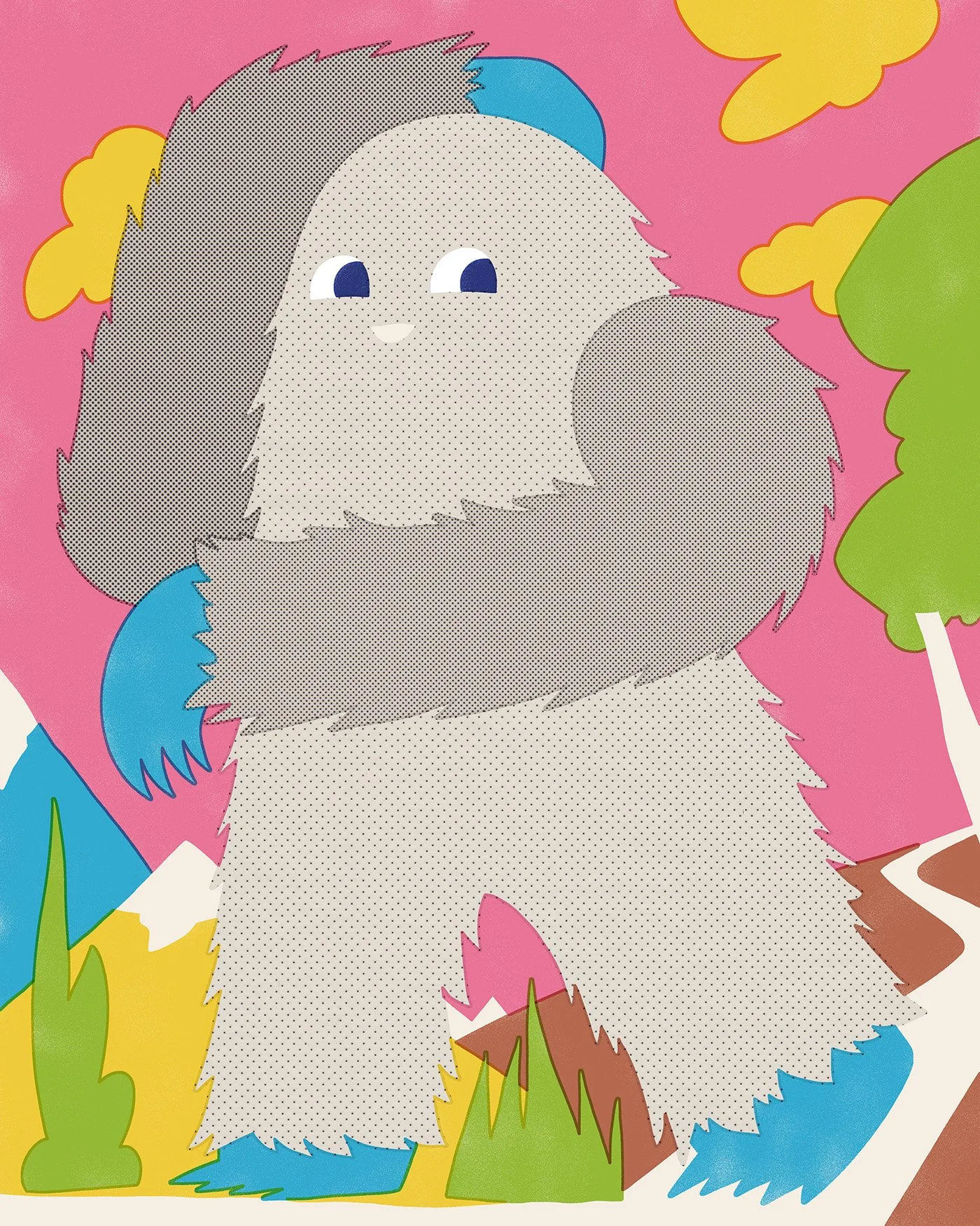 A cute cartoon yeti amid colorful bushes and clouds in a whimsical landscape.