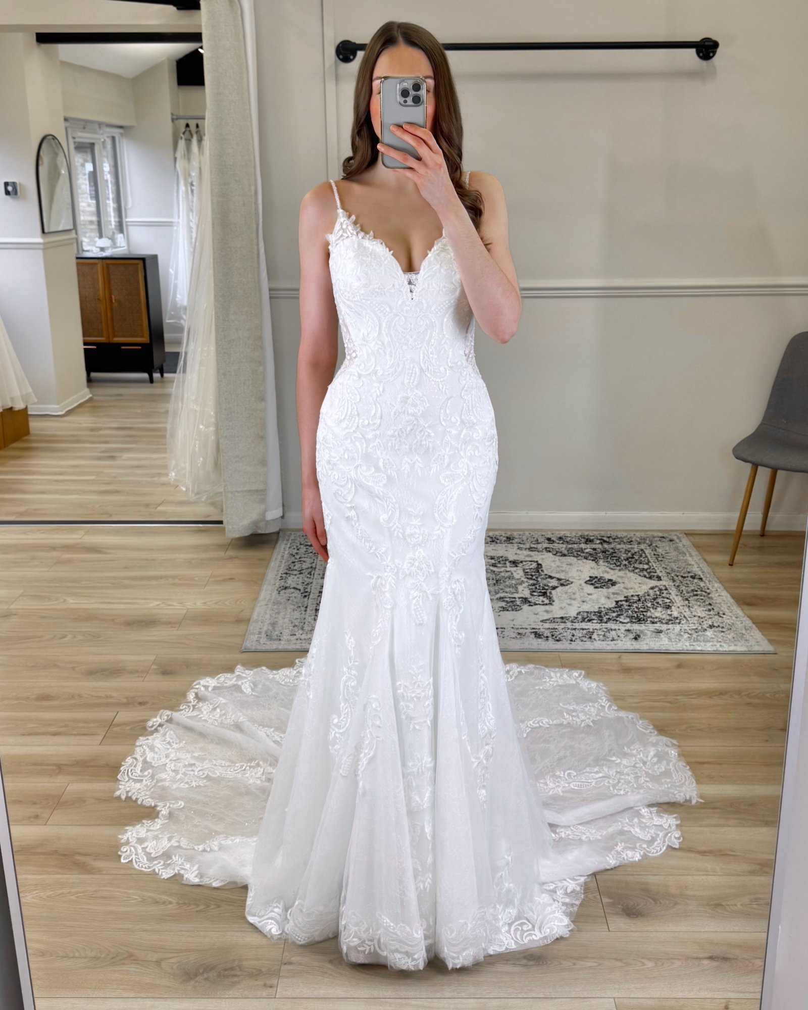 Plunge neckline ✔️
Beaded straps ✔️
Lace &amp; sparkle combo ✔️
Yeah&hellip; Monica&rsquo;s kind of everything.

This is your sign to secure your bridal appointment, link in bio. Bookings can be taken up to 4 months in advance.

 #bridalgowns #weddin