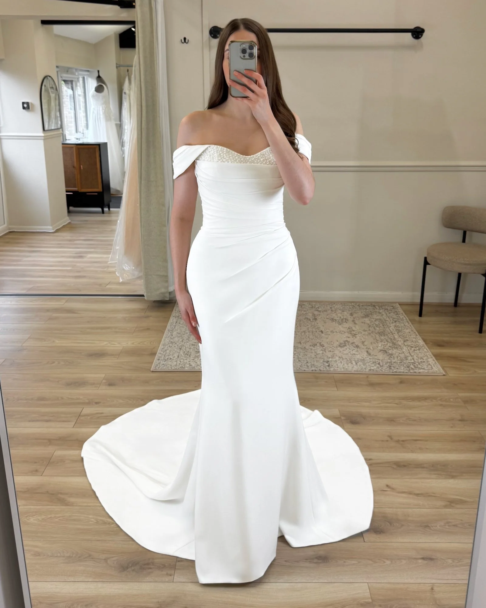 Strapless ✨ Pearls ✨ That train 🤍 Callie is sleek crepe perfection, styled here with off-the-shoulder straps and pearl scatter veil (sold separately)

#NorthLincolnshireBrides #LincolnshireBride #GrimsbyBrides #ScunthorpeBride #pearlweddingdress  #F