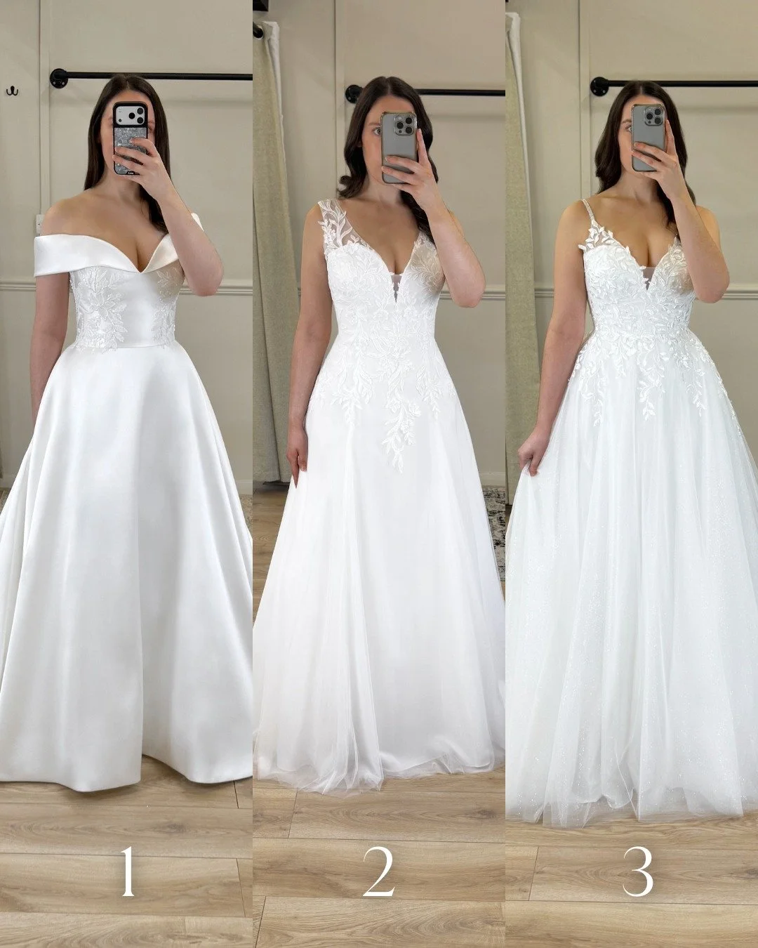 We&rsquo;re obsessed with all three&hellip; but which one wins your vote? 👗✨
1, 2 or 3?

Dress 1 - Ashleigh
Dress 2 - Eloise
Dress 3 - Jessie

#BridalStyle #WeddingDressVote #UKBrides #LincolnshireBridal #WeddingDressShopping #ModernBride #DreamWedd