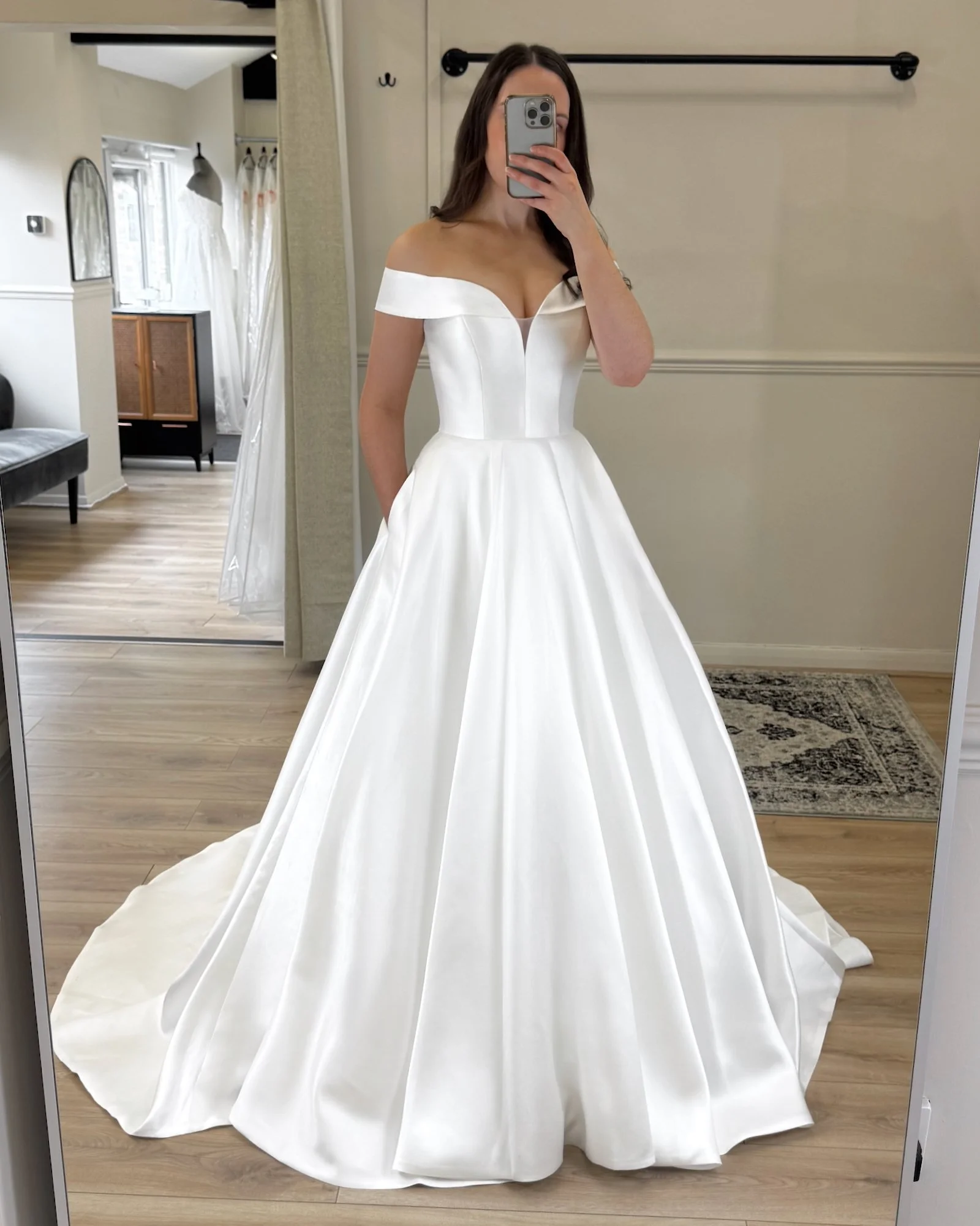 Meet Peyton ✨
A sleek satin ballgown with elegant off-the-shoulder bardot straps.

Classic, romantic and made for a statement aisle moment.

Save this if you love timeless bridal.

#NorthLincolnshireBrides #LincolnshireBride #GrimsbyBrides #Scunthorp