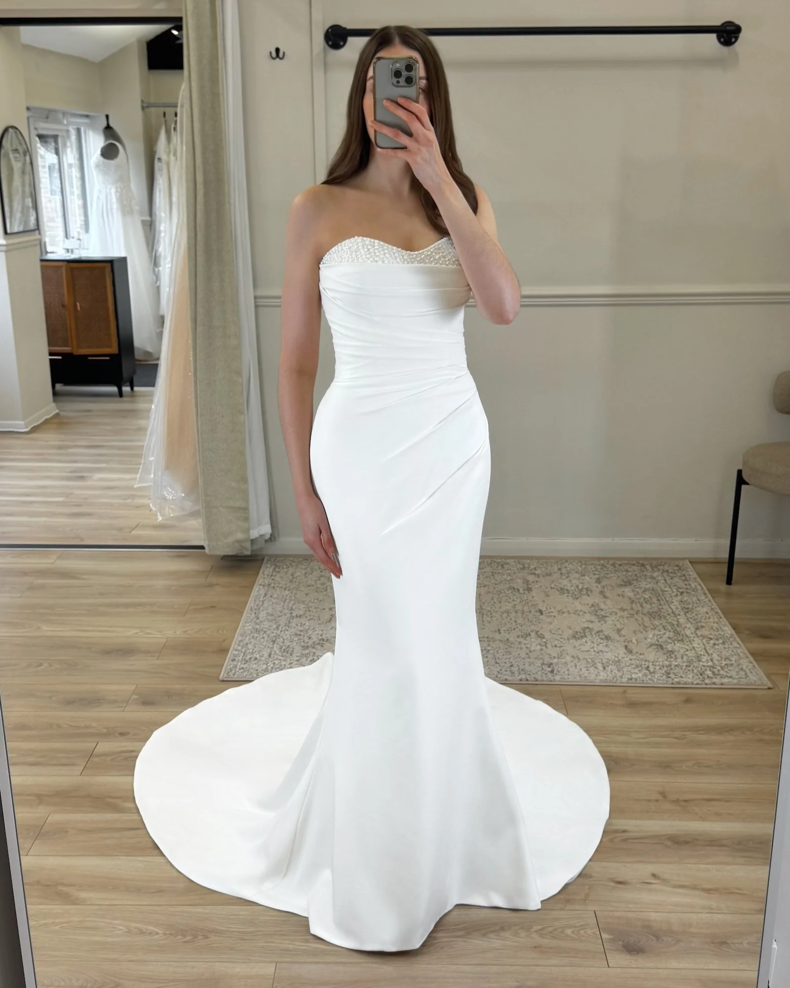 Looking for the one? 🤍

Our Callie gown is a must-try&hellip;
&bull; Fitted silhouette
&bull; Flattering ruched skirt
&bull; Strapless pearl neckline ✨

Limited Saturday appointments available this month &mdash; book via the link in bio 💌

#bridala