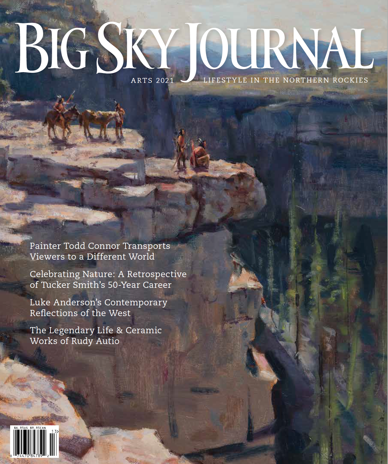 Cover of Big Sky Journal magazine featuring a painting of Native American figures on a cliff with a canyon in the background.
