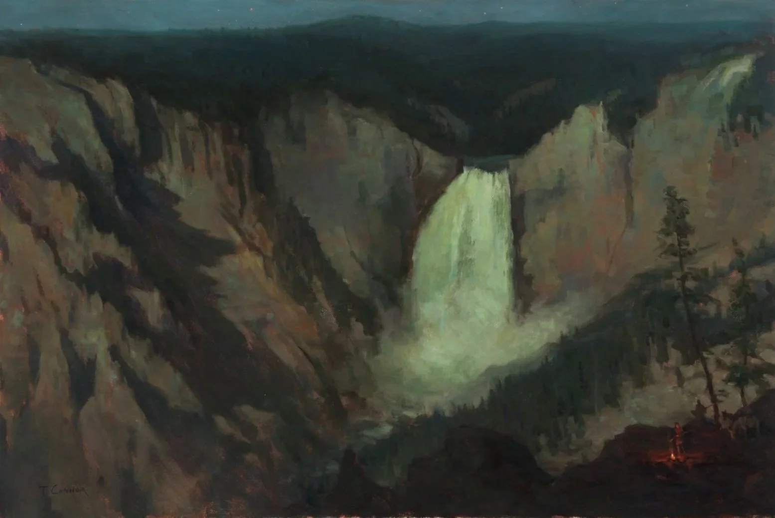 Painting of a waterfall cascading into a canyon with rocky walls and sparse trees, with a person standing near the edge near a campfire in the lower right corner.