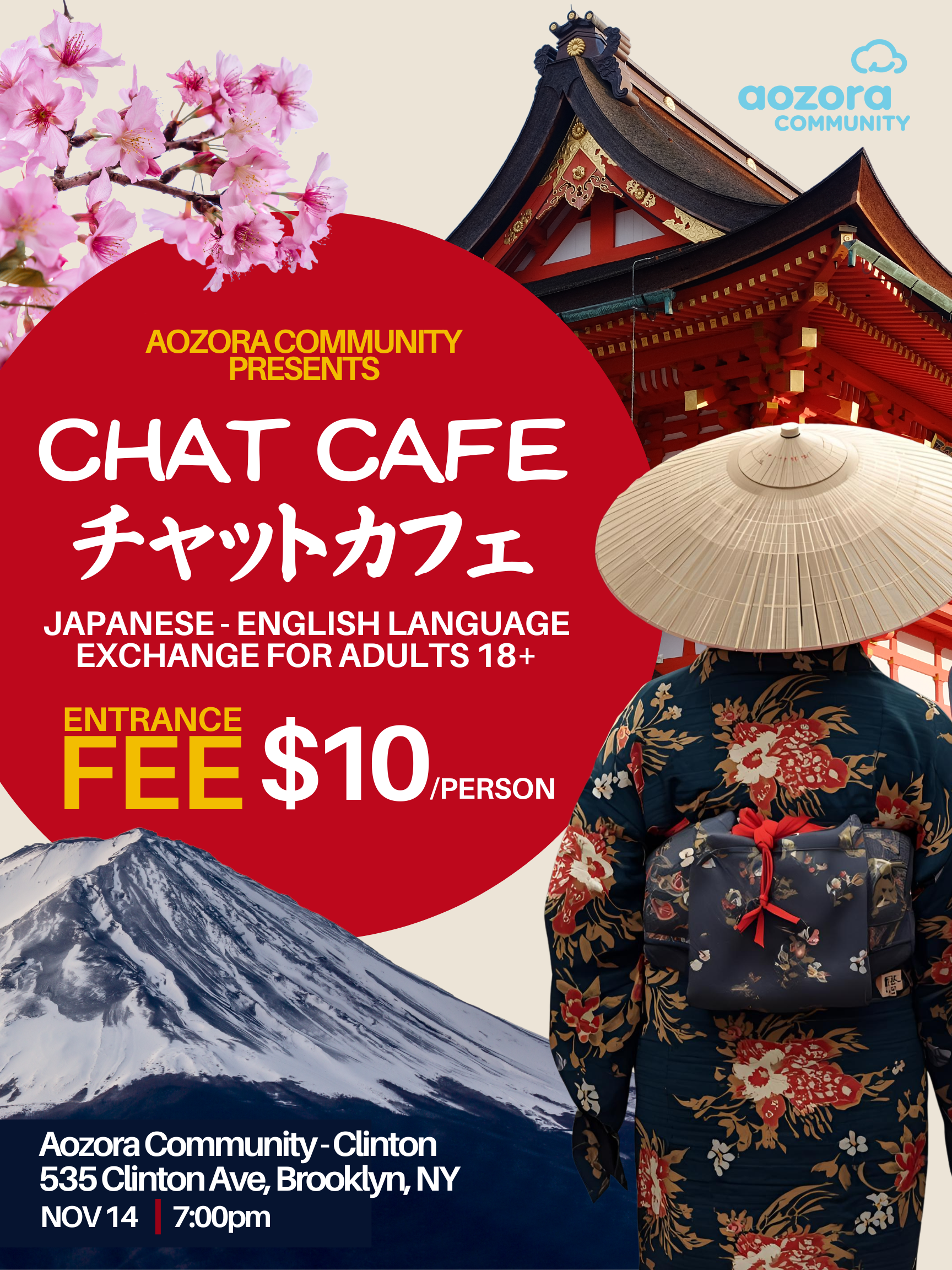 Flyer for AOZORA COMMUNITY's Chat Cafe event featuring Japanese and English language exchange for adults 18+, with a background of cherry blossoms, a traditional Japanese building, Mount Fuji, and a person wearing a traditional kimono and straw hat.