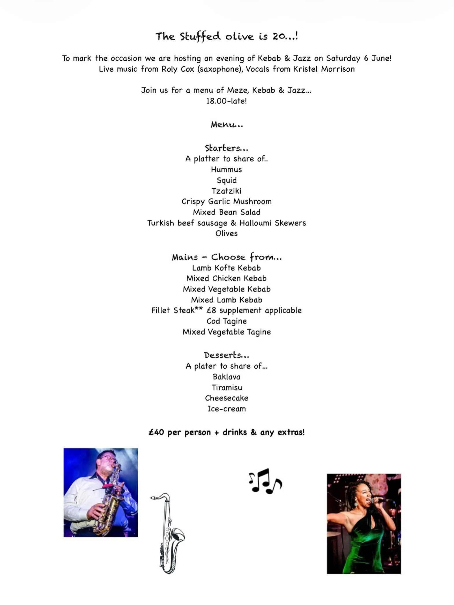 Sunny 😎 bank holiday! We are open all day&hellip;. Don&rsquo;t forget to book your table at our Kebab &amp; Jazz night&hellip; Saturday 6 June&hellip;. 🎷🎶 🍽️🥂