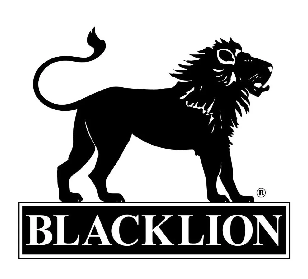 Black silhouette of a lion standing above the word "BLACKLION" in capital letters within a rectangular border.