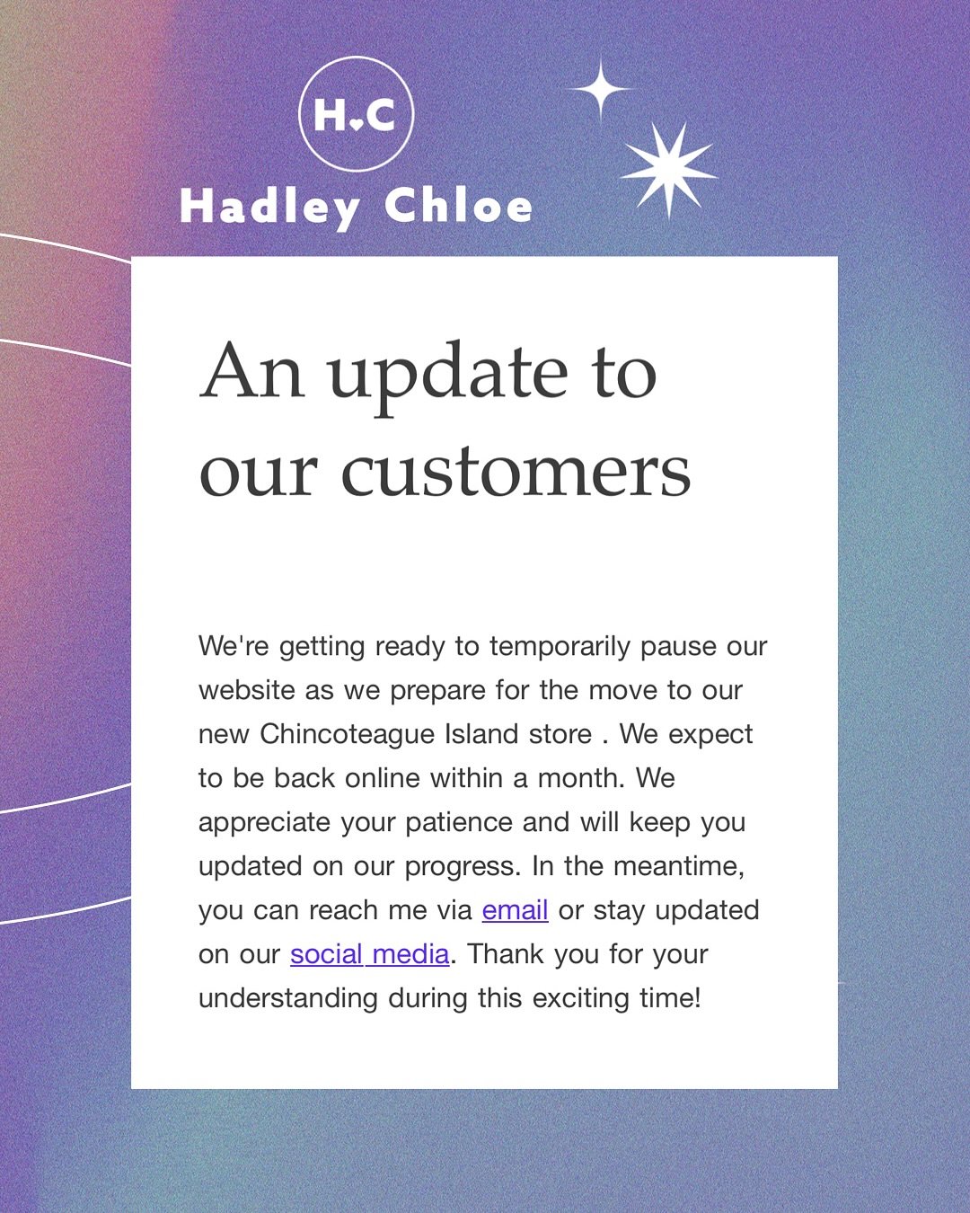 We&rsquo;re SO excited for this next step in the HADLEY CHLOE&reg; journey! ➵ Send me a DM if you have any questions. Watch our IG stories + posts for updates! Xo 𝓗𝓪𝓭𝓵𝓮𝔂 #hadleychloe #freeyourstyle #chincoteague