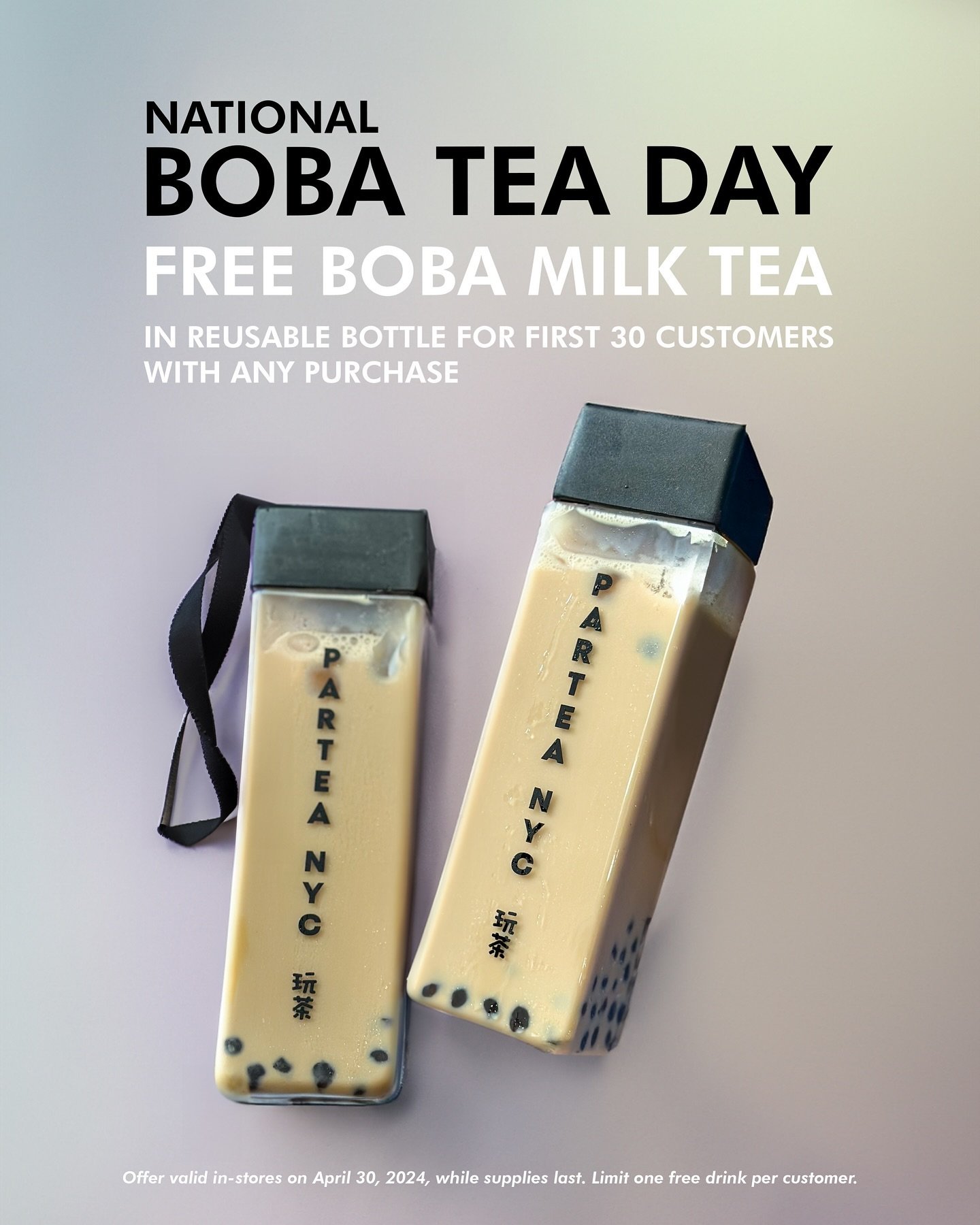 Celebrate National Boba Day with us tomorrow! The first 30 customers get a free boba milk tea in a reusable cup with any purchase.

Offer valid in-stores only, limit one per customer.