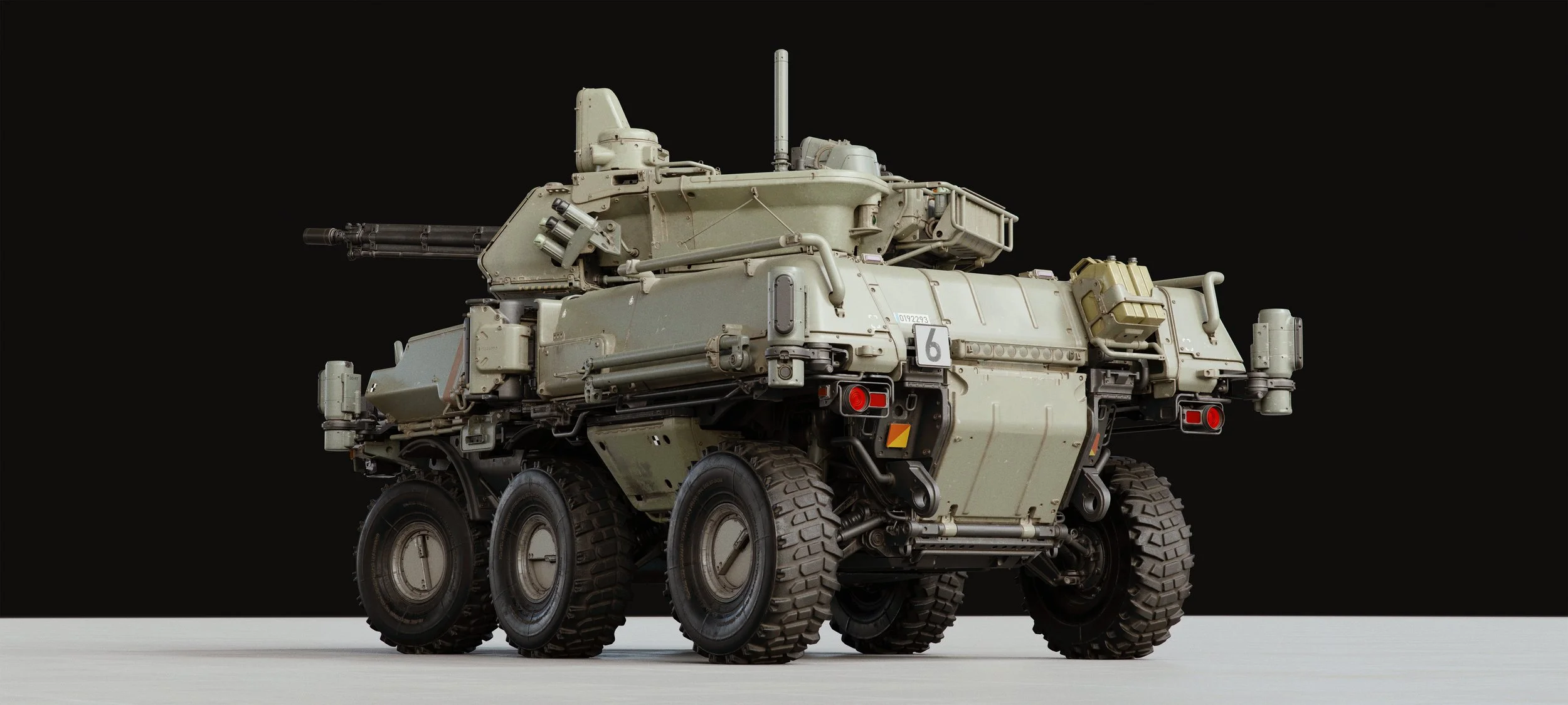 Military armored vehicle with six large tires, equipped with a mounted machine gun on top, set against a black background.