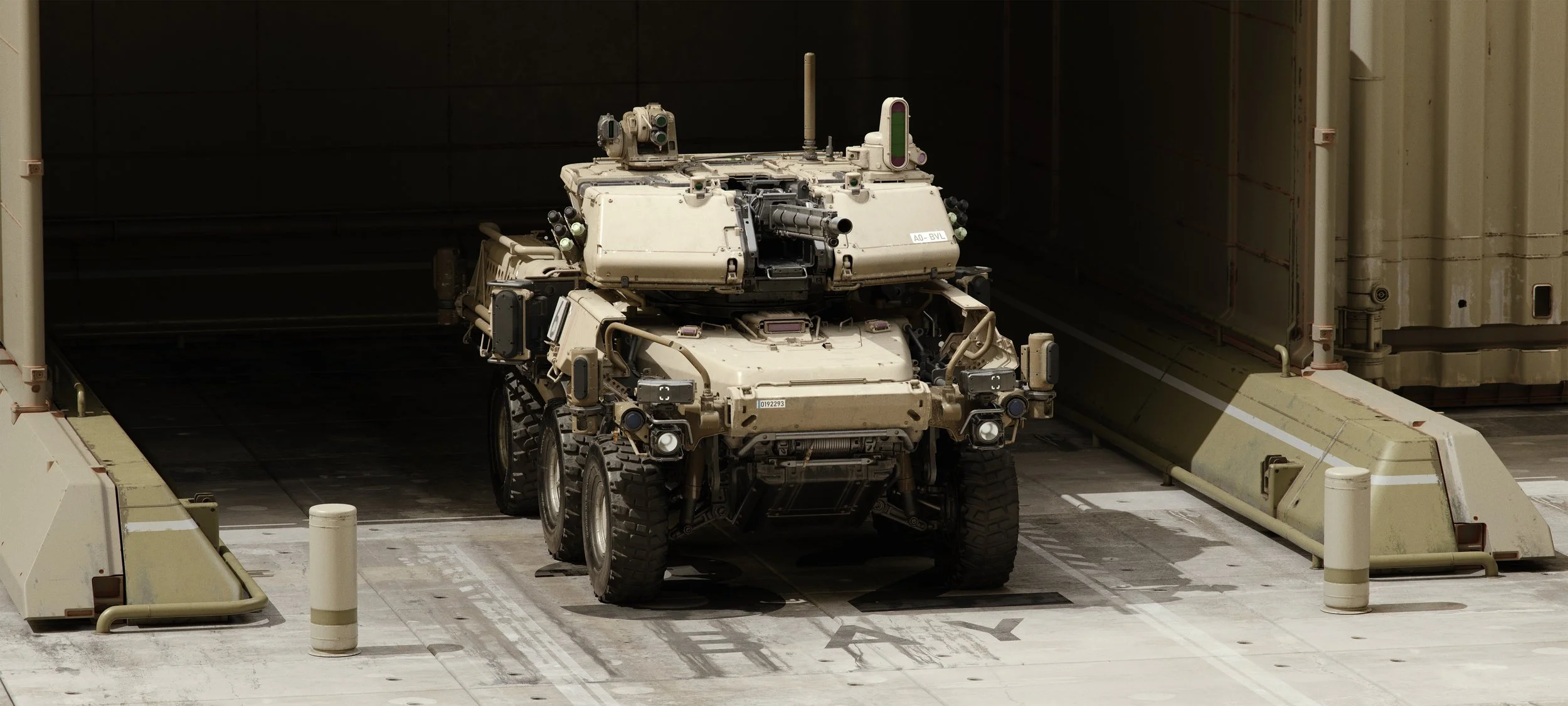 Military truck vehicle inside a garage