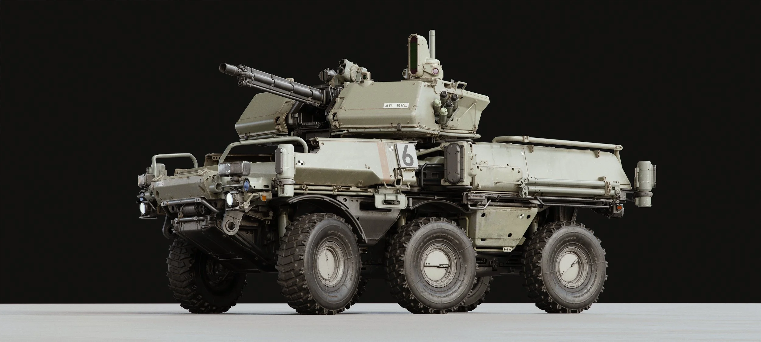 Military robotic vehicle with six wheels and mounted weapon on top, displayed against a black background.