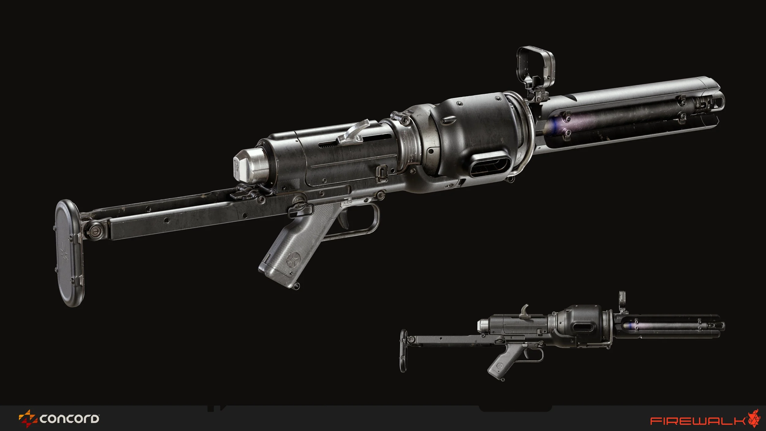 A large, futuristic firearm with a metallic black finish, featuring a long barrel, a compact grip, and a stock, displayed against a black background.