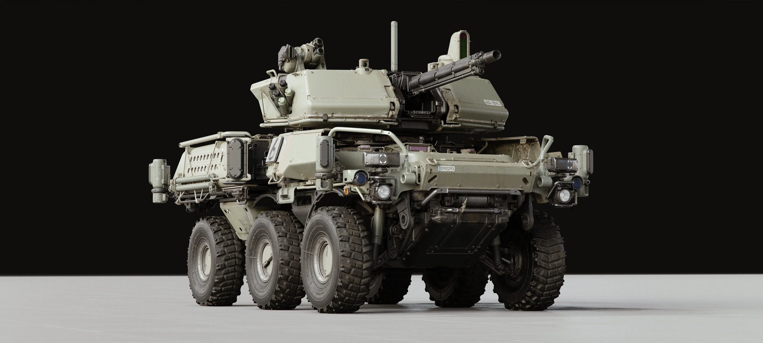 Military armored vehicle with six wheels, mounted with a turret and weapon, on a flat surface against a black background.
