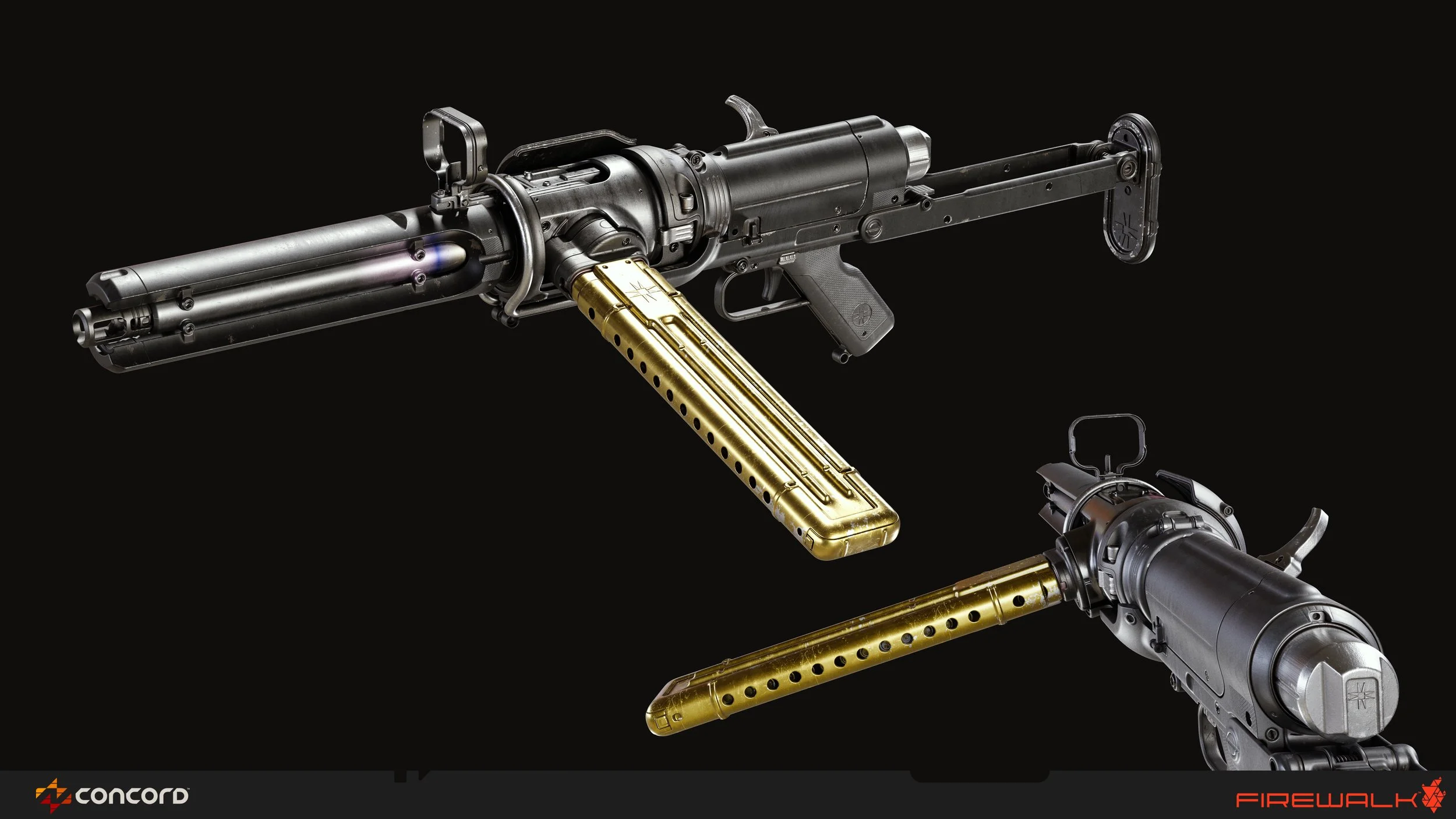 Two modern firearms with black and gold components, displayed against a black background, with the 'Concord Firewalk' logo in the bottom corners.