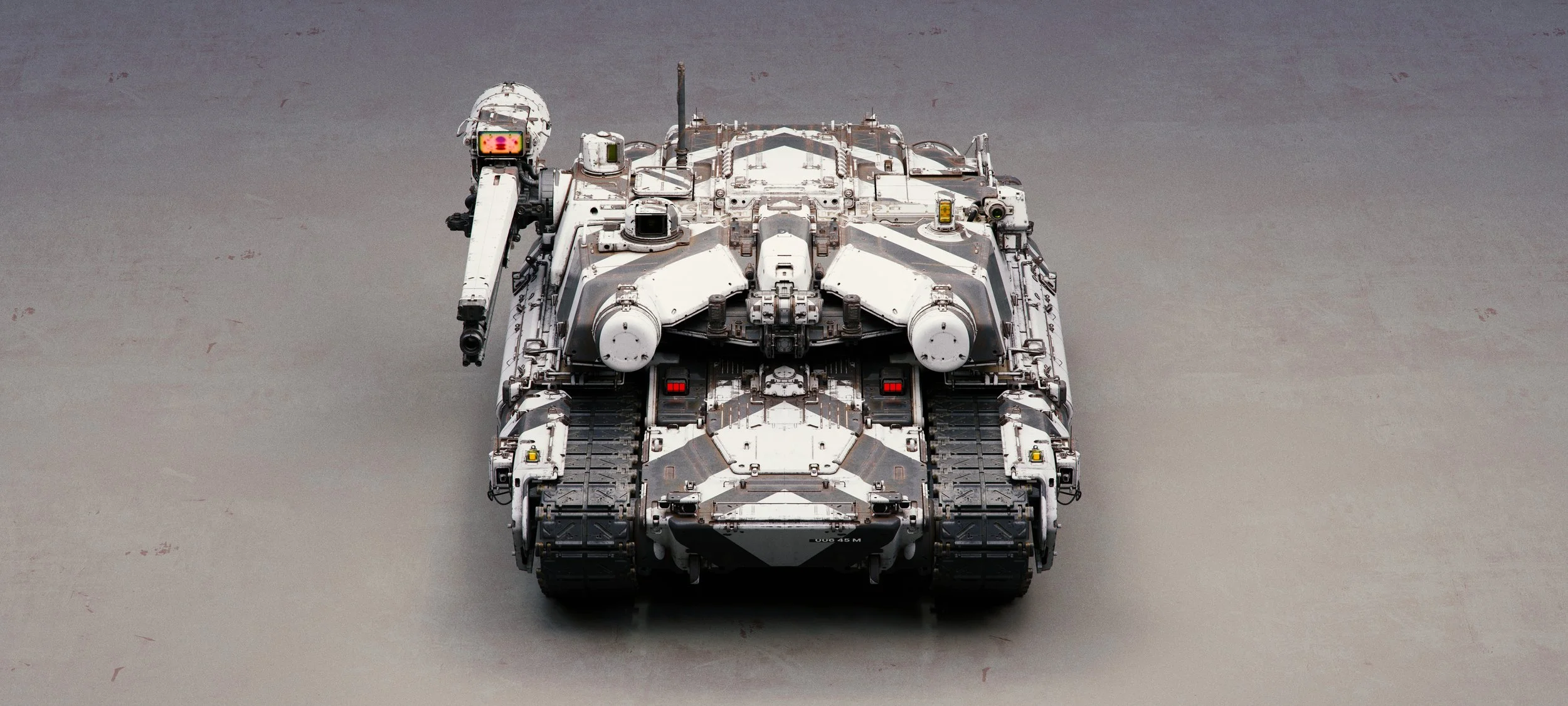 Top view of a futuristic tank with advanced armor and weaponry, centered on a plain concrete surface.
