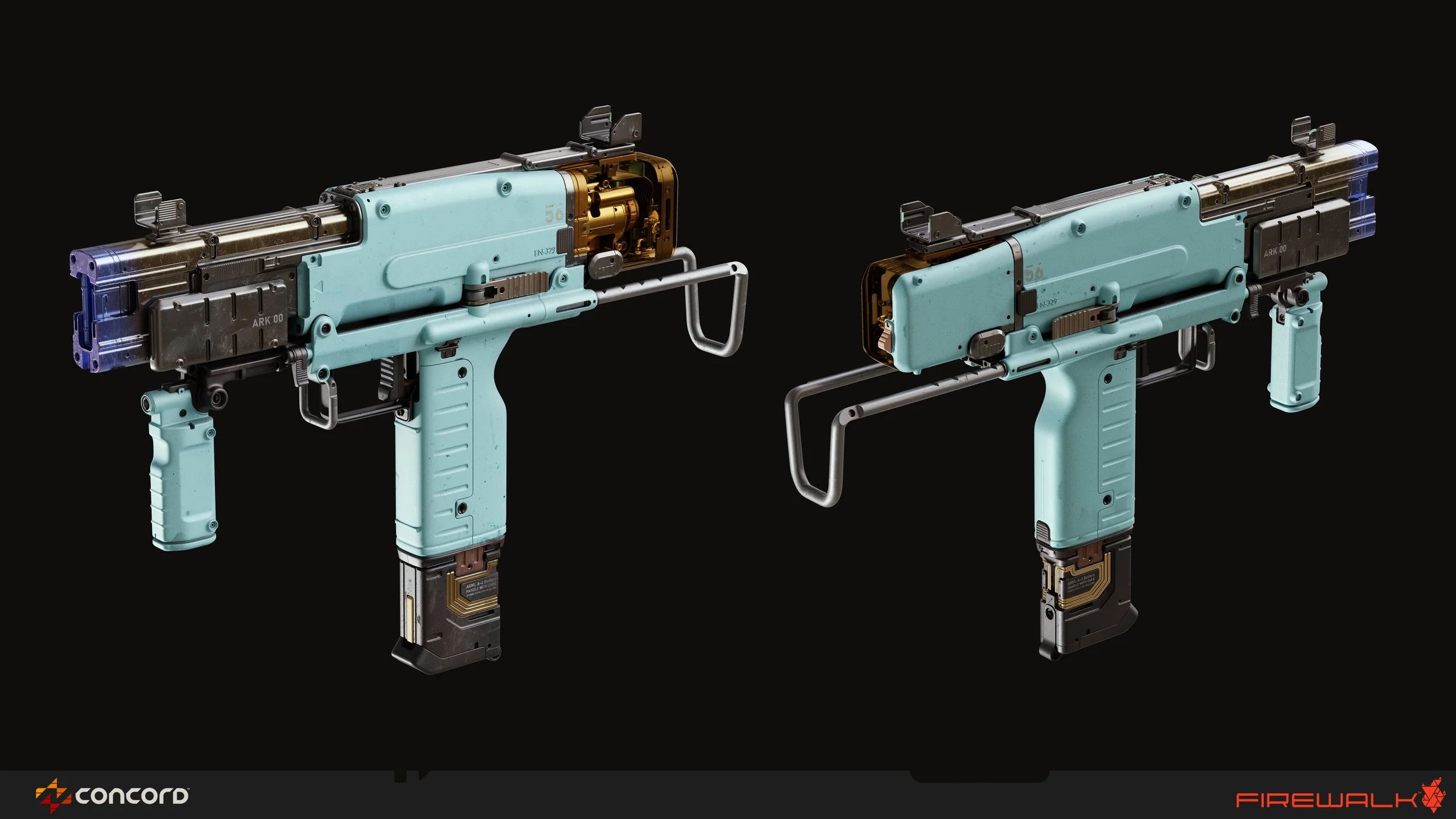 Two futuristic, light blue, compact firearm devices with digital and mechanical components, designed for Sci-Fi context, shown against a black background with Concord and Firewalk logos.