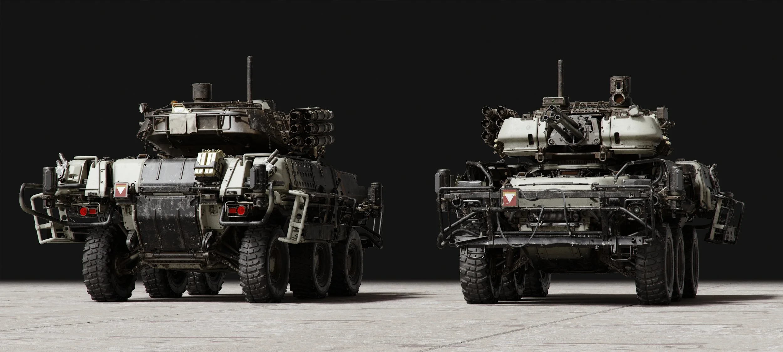 Two military tanks with armor and weaponry, positioned on a flat surface against a black background.