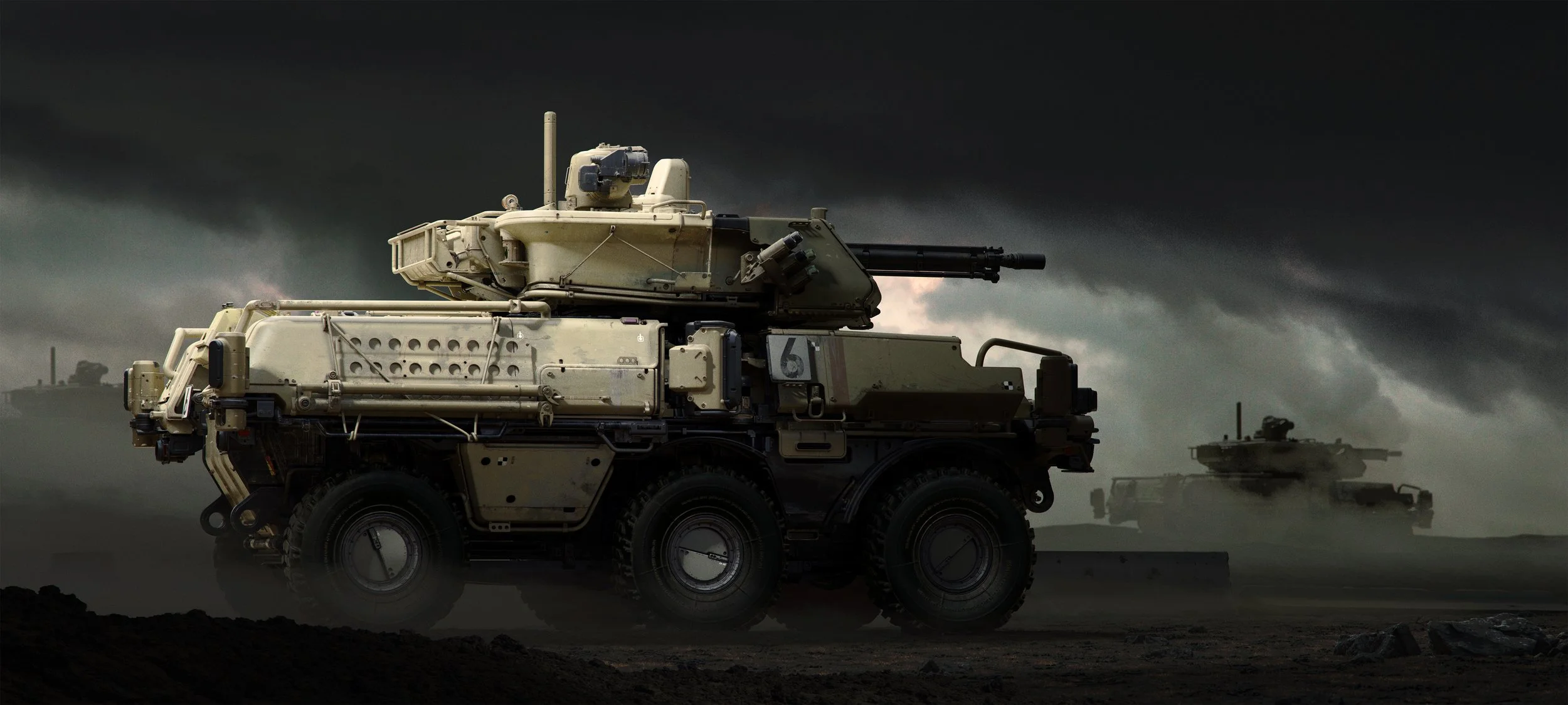 A military truck on a dark, cloudy battlefield with other trucks in the background.