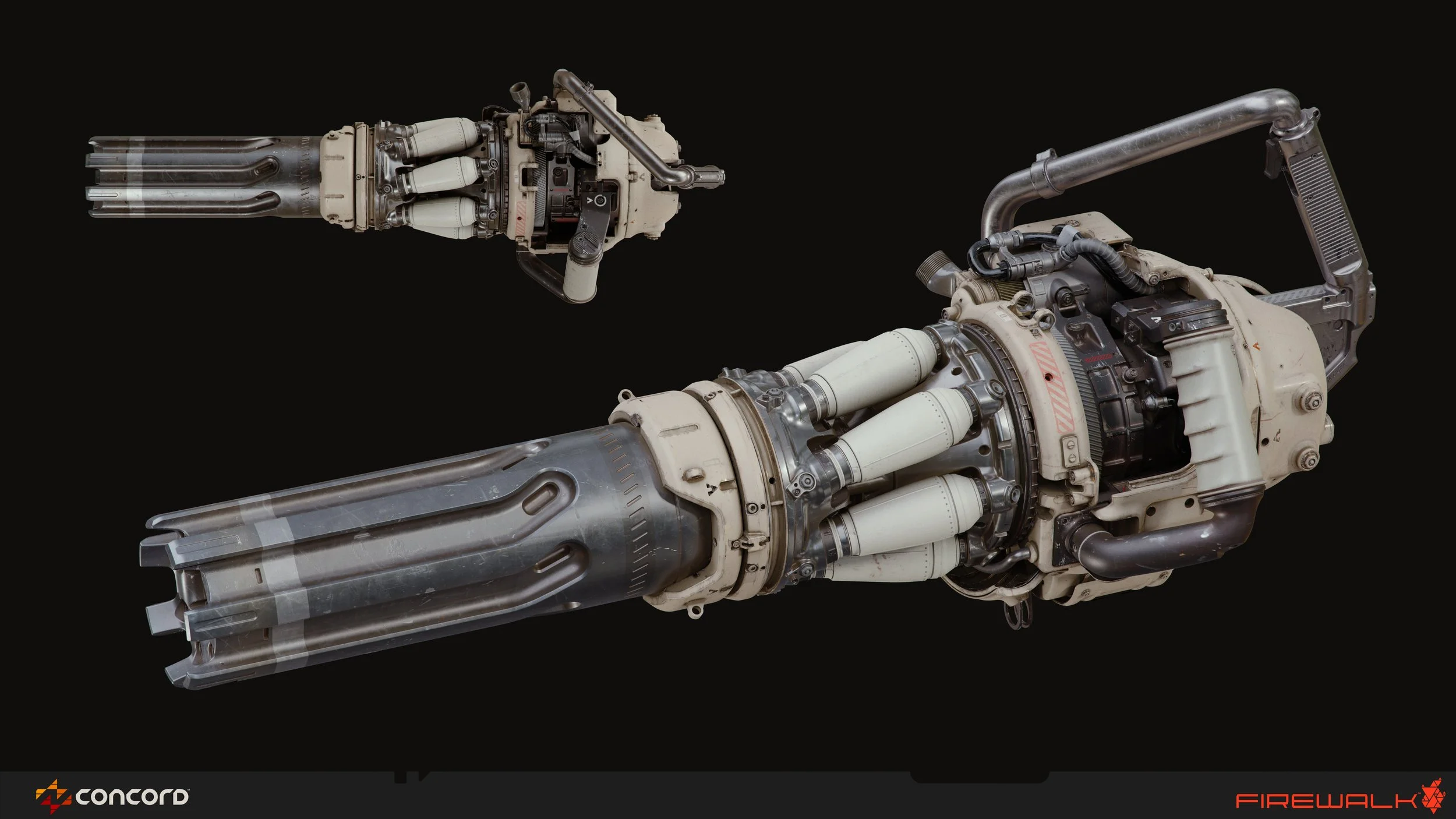 Two large rocket engines with white and gray components and black accents, displayed against a black background, with the words "Concord" and "Firewalk" on corners.