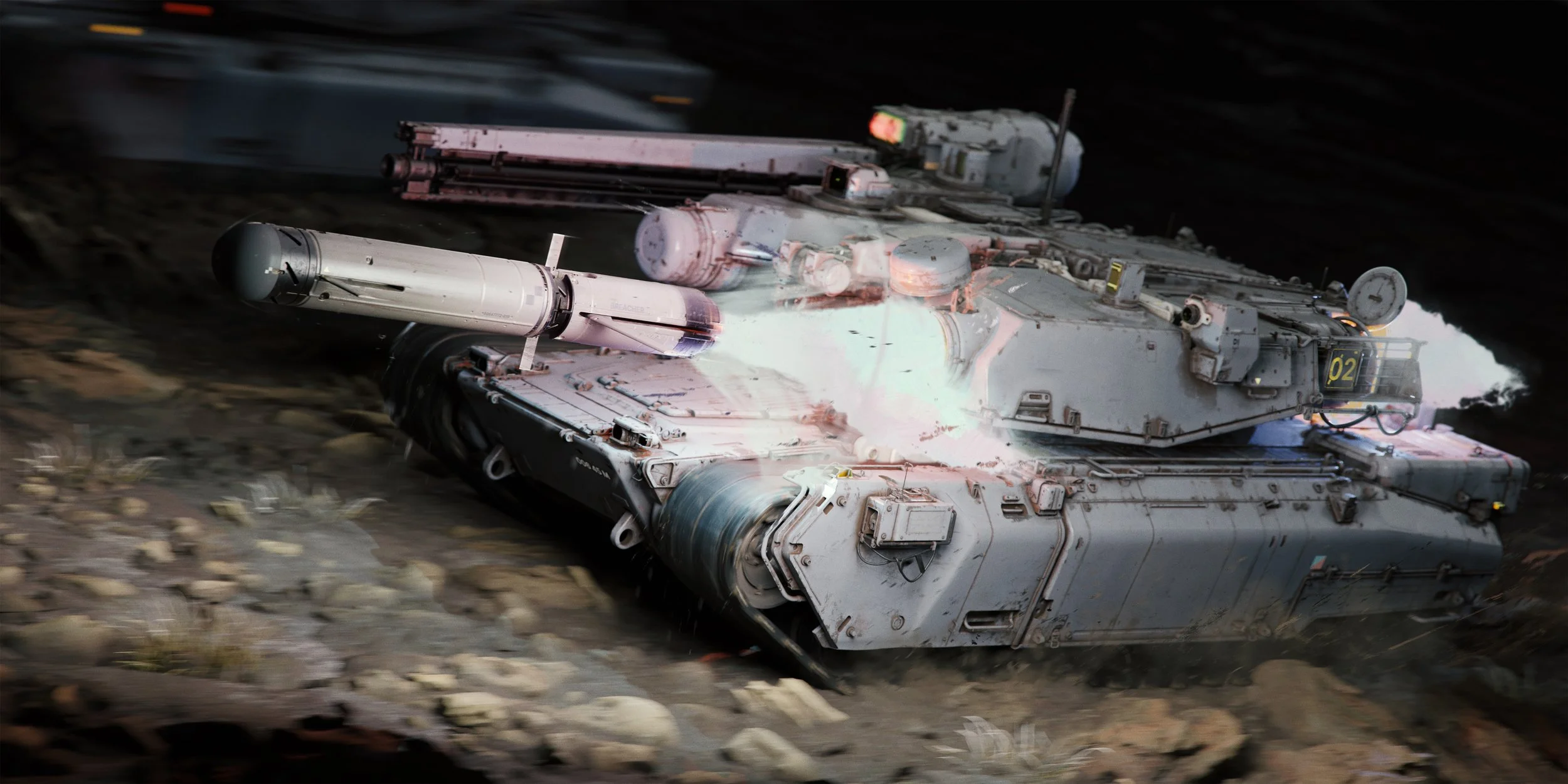 A futuristic tank moving over rocky terrain, with bright light and smoke emitting from the front.