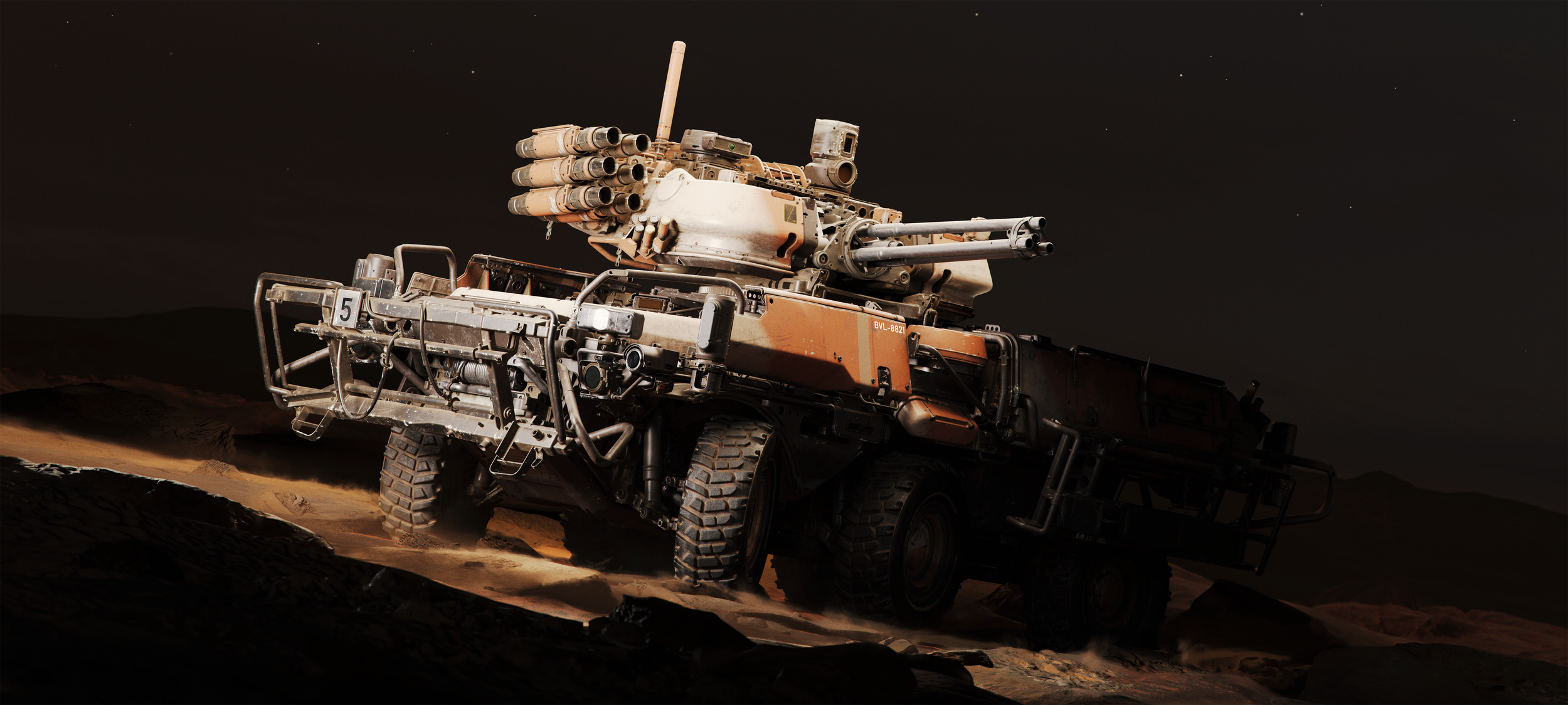 A military tank with camouflage colors, equipped with multiple barrels and weaponry, moving across a dusty, rugged terrain at night under a starry sky.