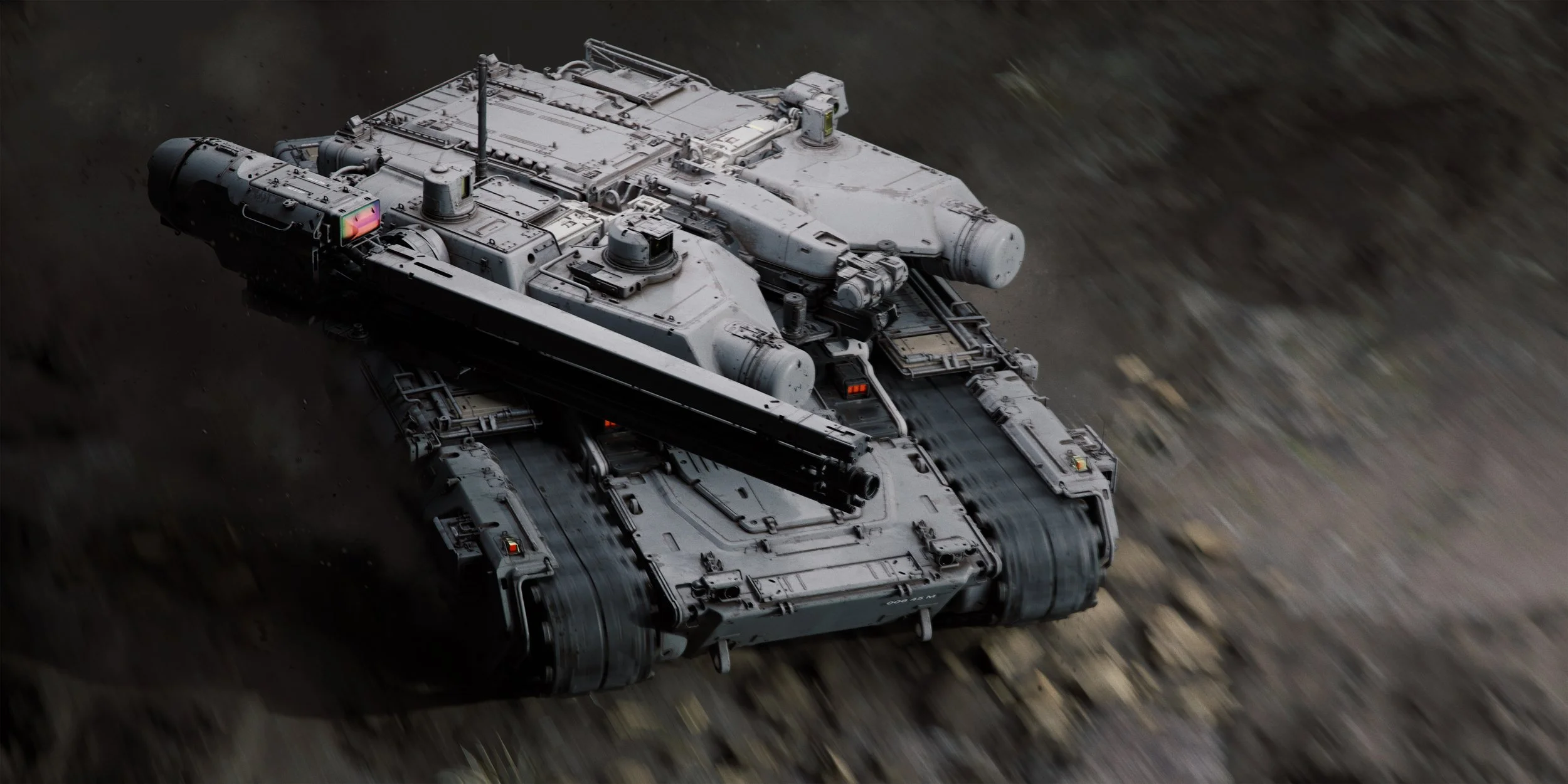 A large military gray tank moving quickly on rough terrain, kicking up dust and debris.