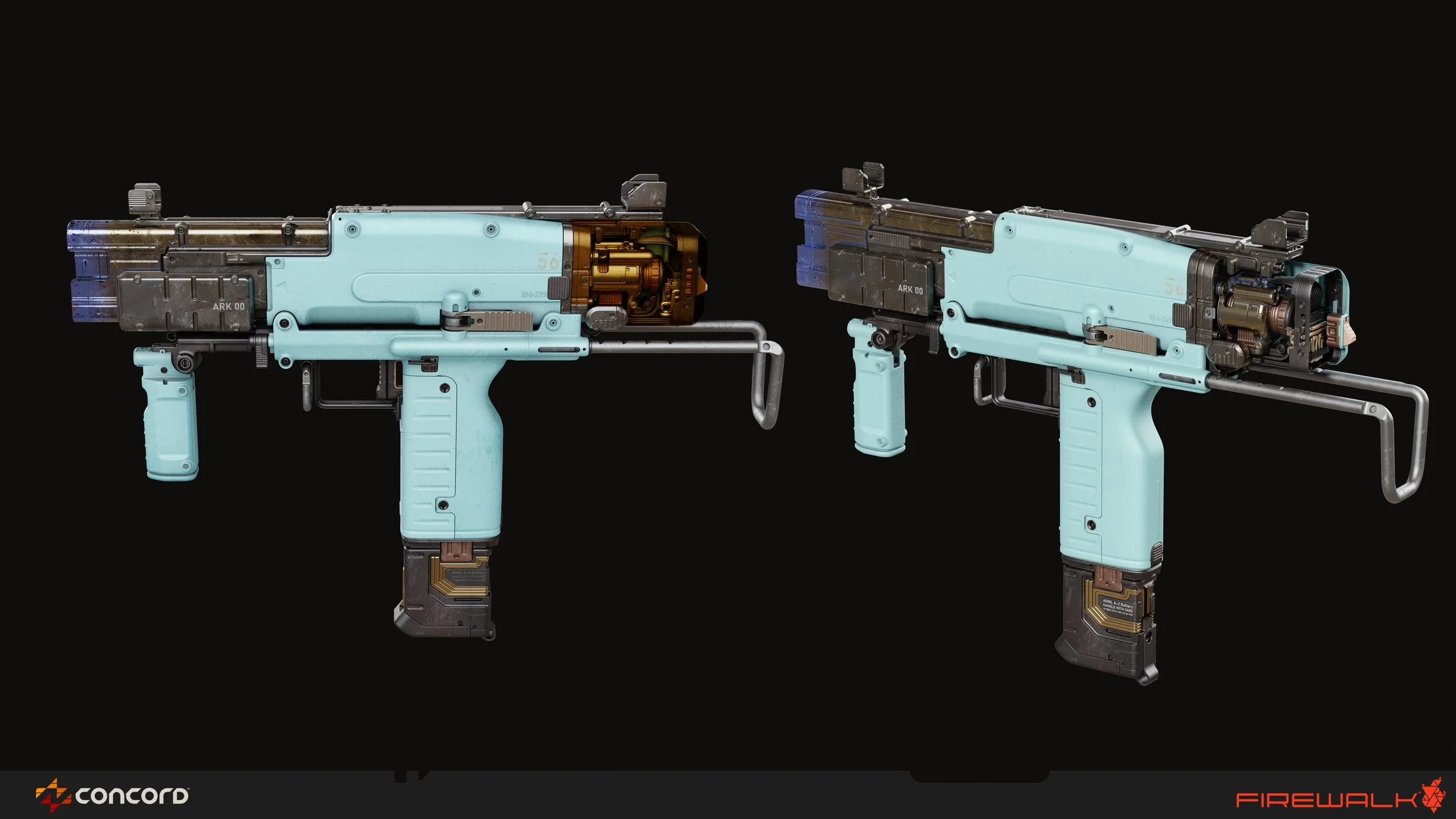 Two futuristic light blue and black weapons with metallic and electronic components, side by side against a black background, with 'CONCORD' logo at bottom left and 'FIREWALK' at bottom right.